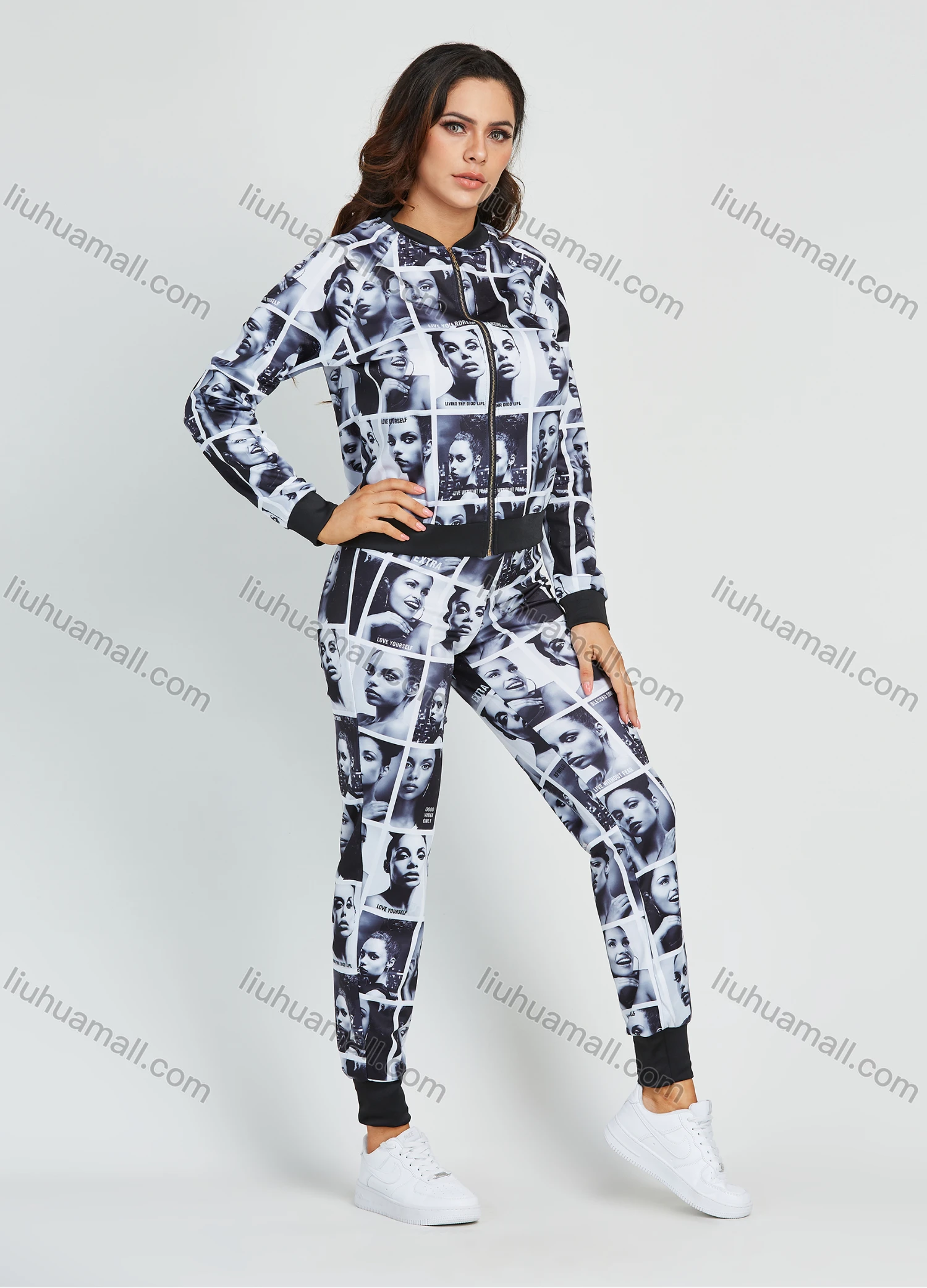 Wholesale Women's Fashion Allver Figure Print Zip Jacket 2 Piece Set - Liuhuamall