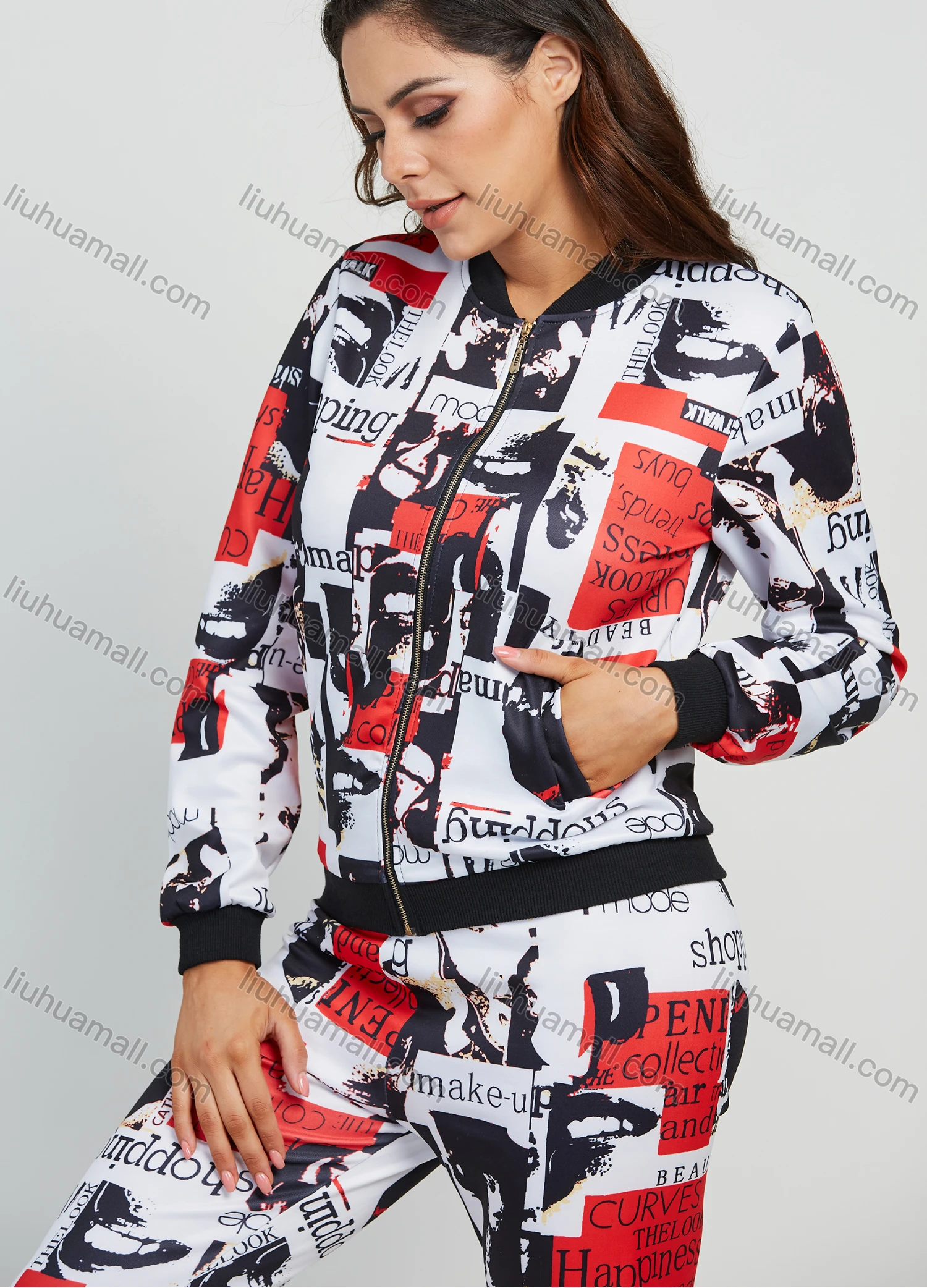 Wholesale Women's Allover Letter & Graffiti Print Zip Jacket 2 Piece Set - Liuhuamall