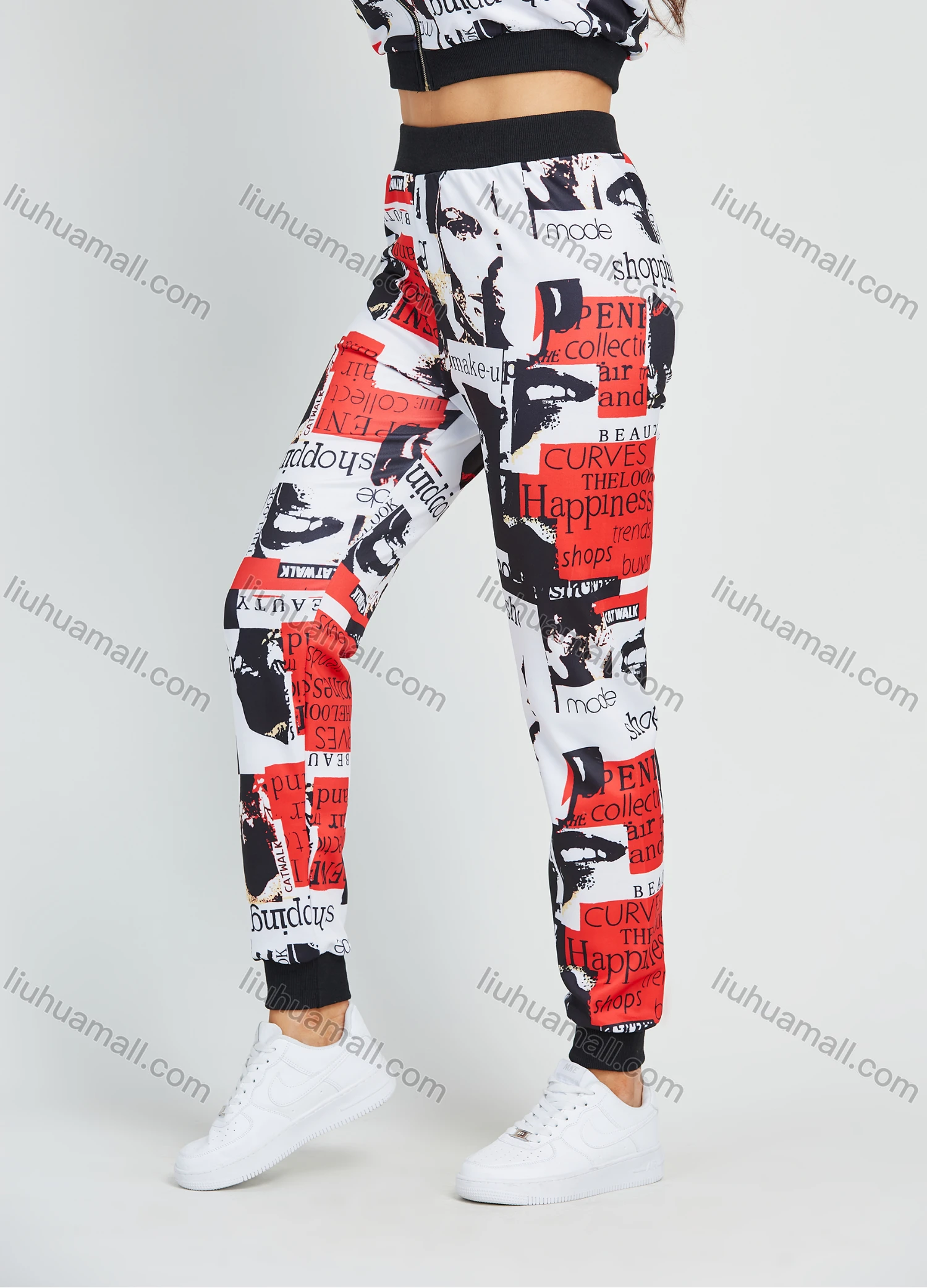 Wholesale Women's Allover Letter & Graffiti Print Zip Jacket 2 Piece Set - Liuhuamall