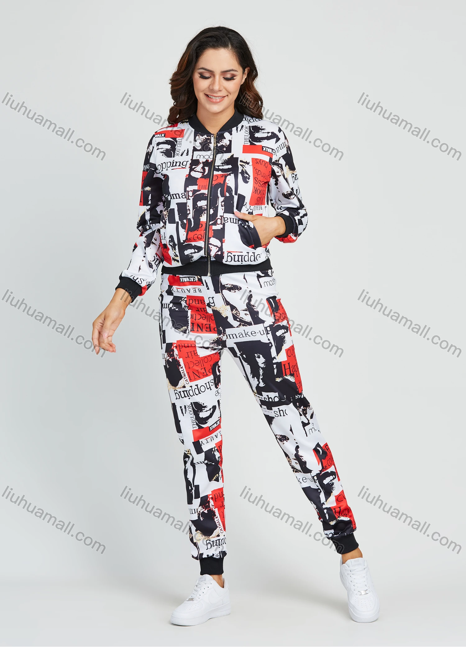 Wholesale Women's Allover Letter & Graffiti Print Zip Jacket 2 Piece Set - Liuhuamall