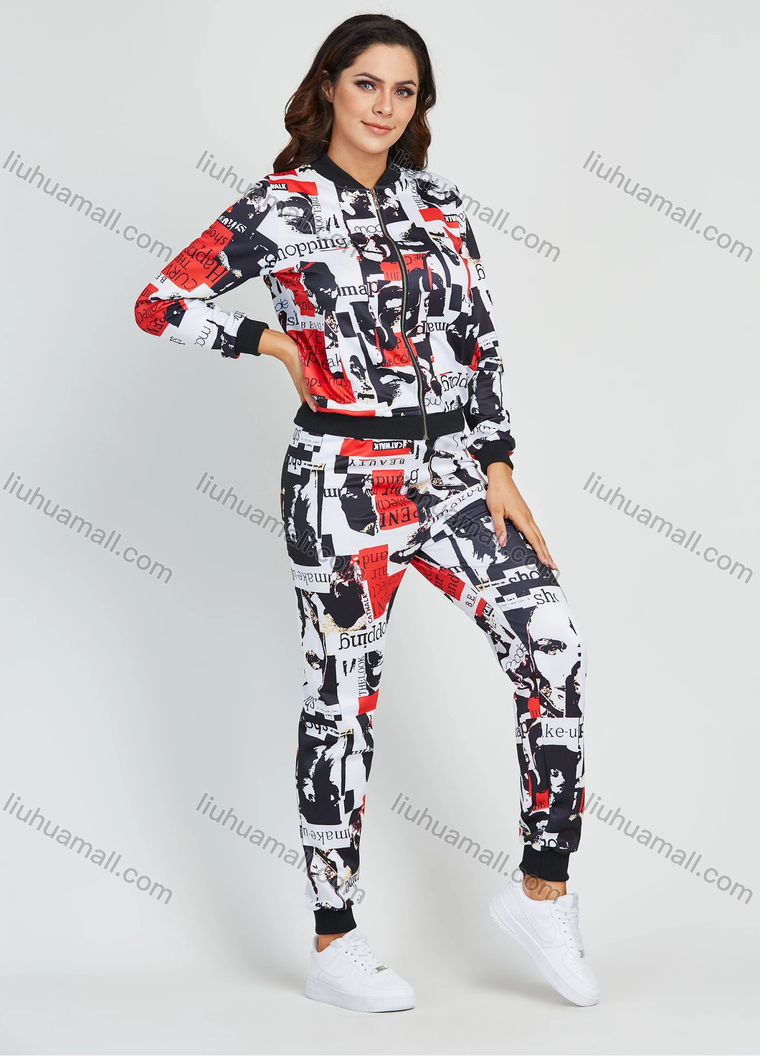 Wholesale Women's Allover Letter & Graffiti Print Zip Jacket 2 Piece Set - Liuhuamall