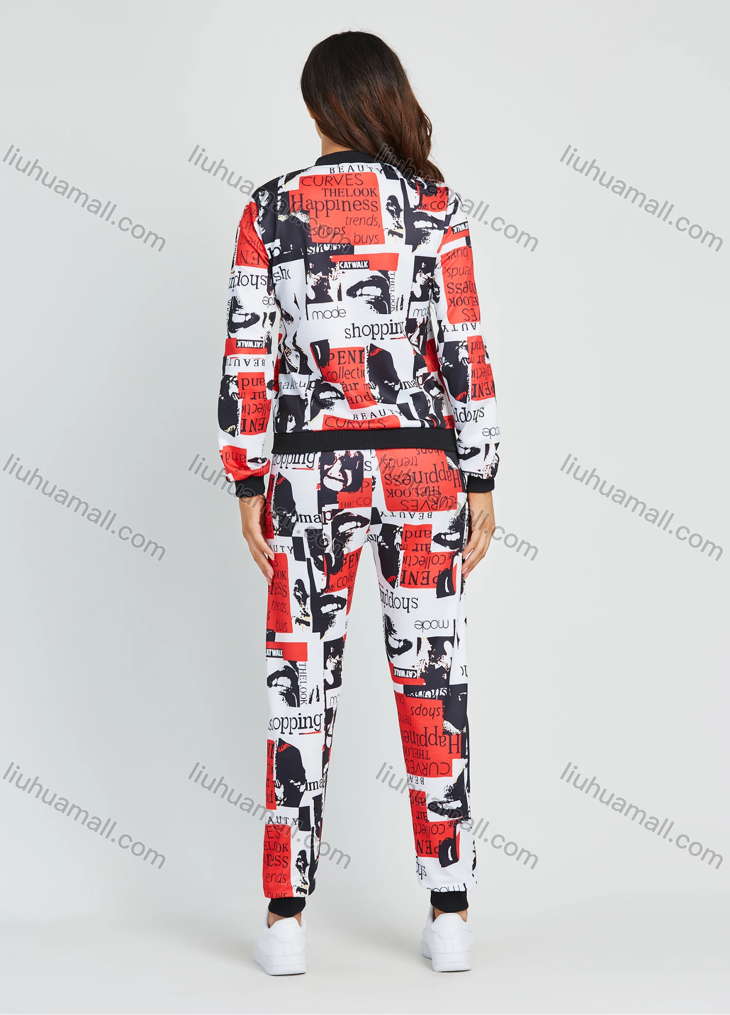 Wholesale Women's Allover Letter & Graffiti Print Zip Jacket 2 Piece Set - Liuhuamall