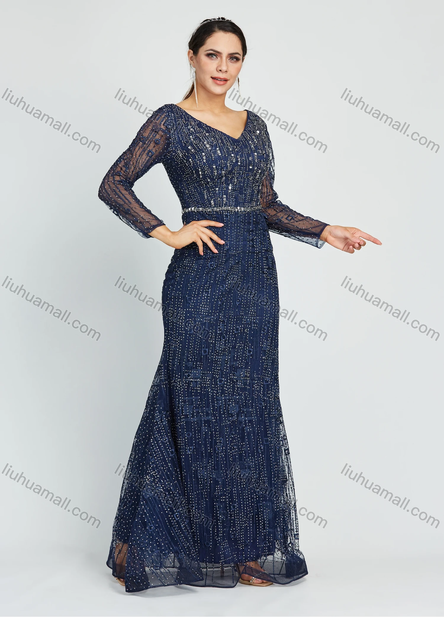Wholesale Women's Elegant Lace Sleeve V Neck Rhinestone Lace Glamorous Mermaid Evening Dress - Liuhuamall