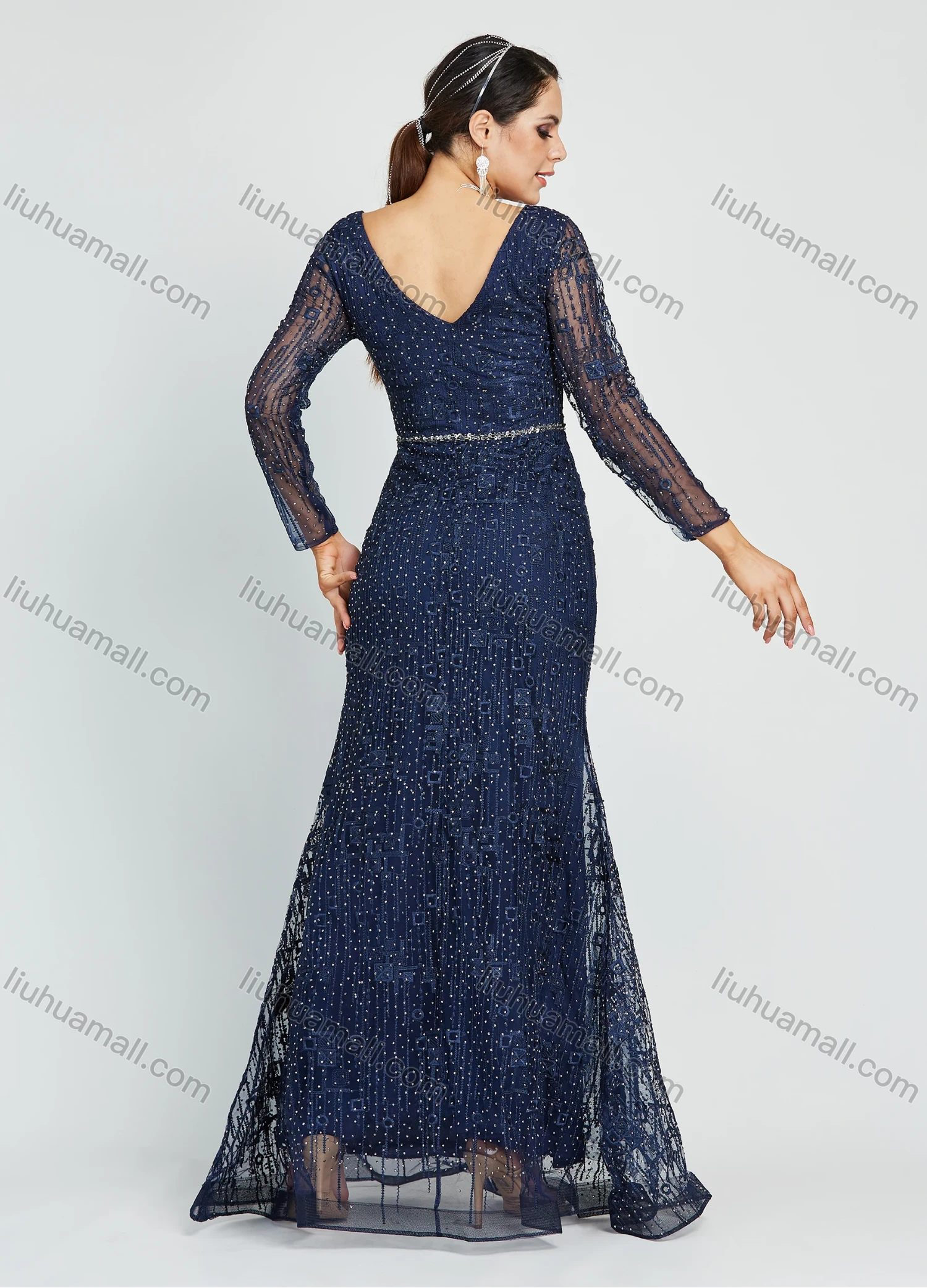 Wholesale Women's Elegant Lace Sleeve V Neck Rhinestone Lace Glamorous Mermaid Evening Dress - Liuhuamall