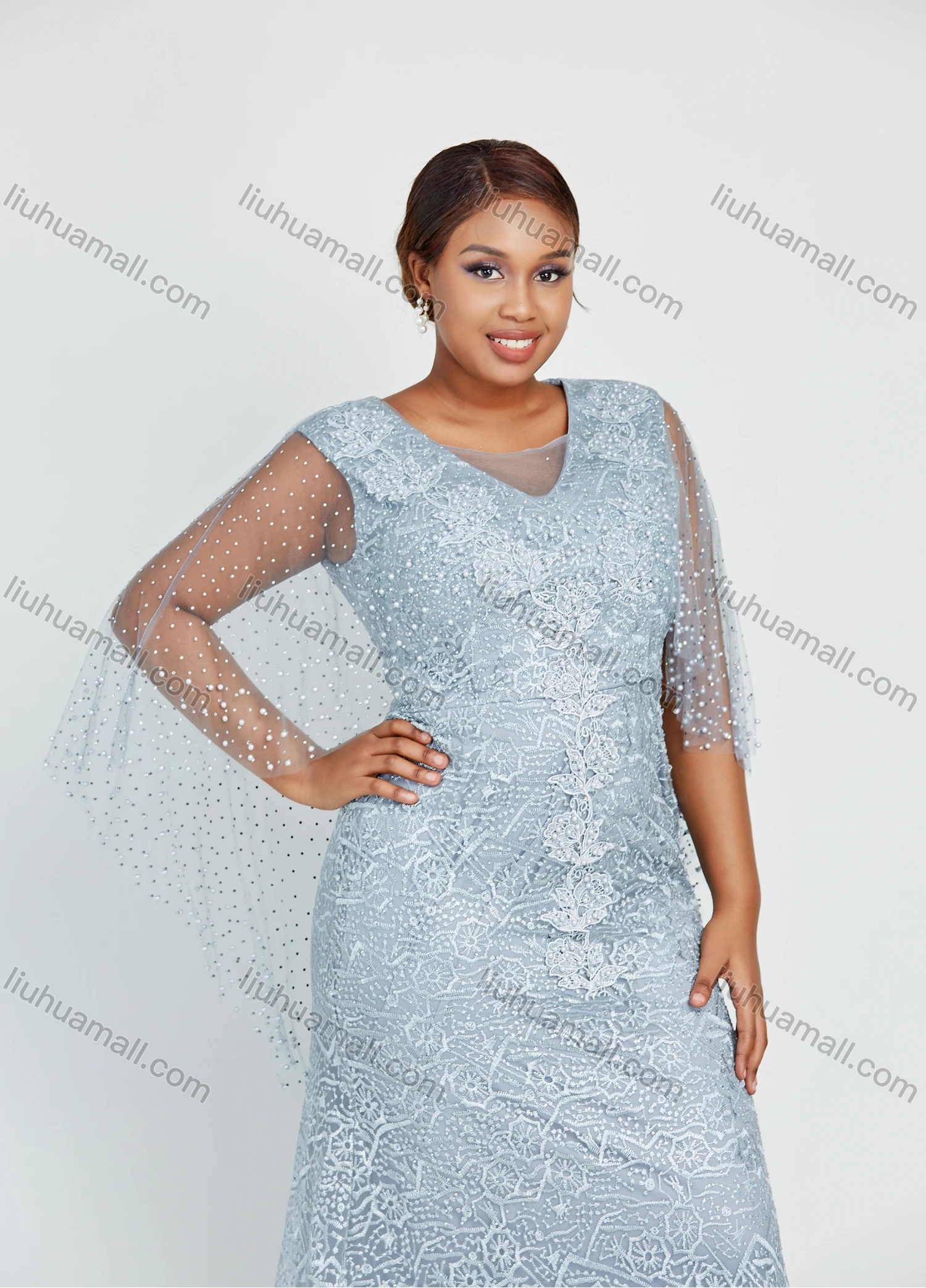 Wholesale Women's Sleeveless V Neck Floral Print Pearl Embroidery Maxi Evening Dress - Liuhuamall