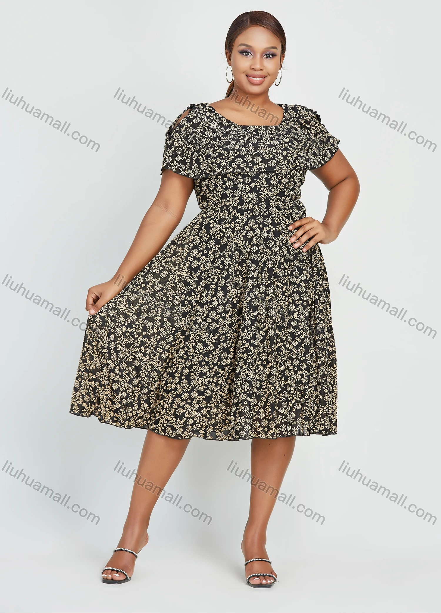 Wholesale Women's Plus Size Casual Cotton Round Neck Layered Short Sleeve Cutout Allover Floral Print Midi Dress - Liuhuamall