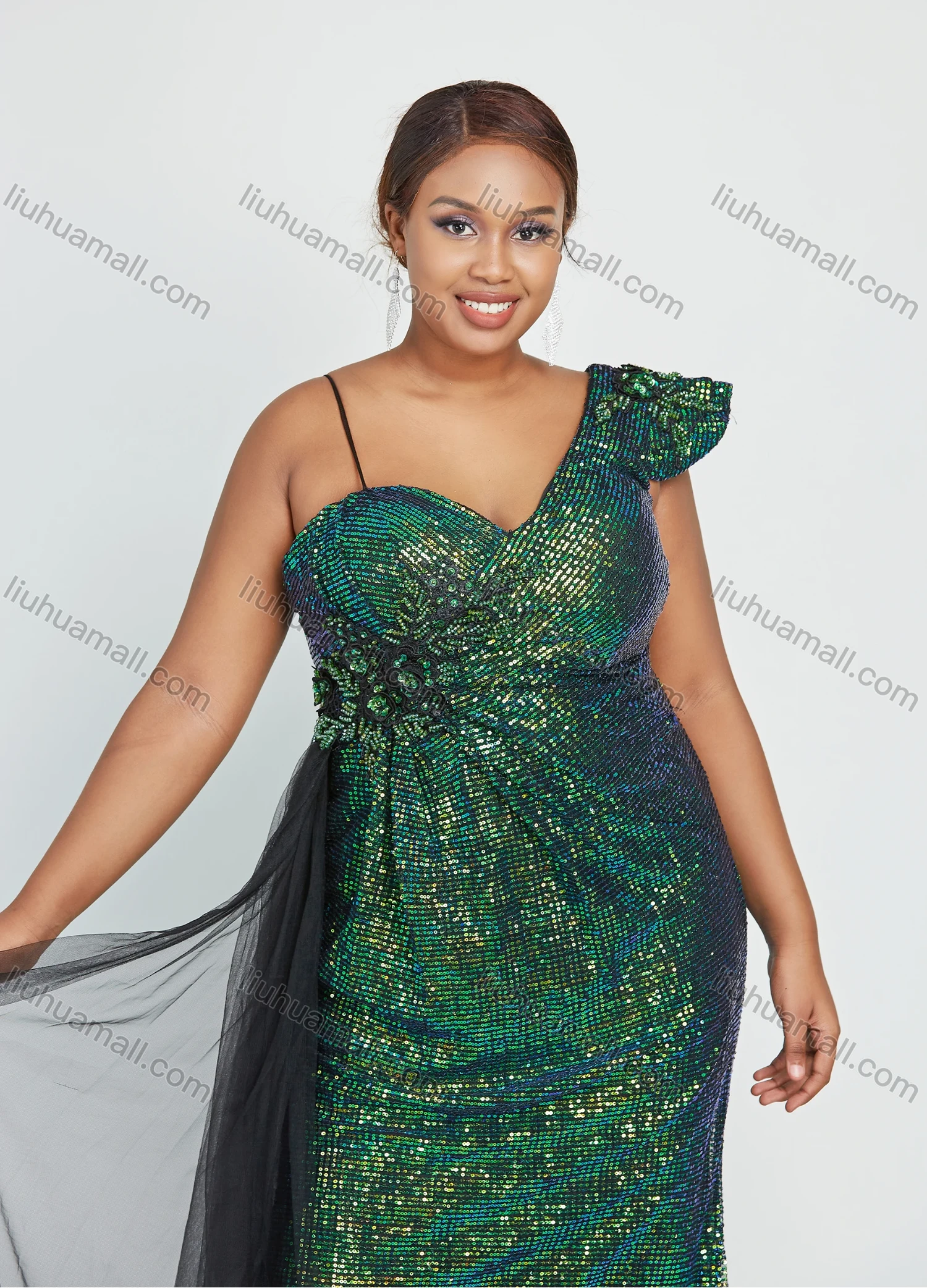 Wholesale Women's Elegant One Shoulder V-Neck Gradient Sequin Lace Mermaid Floor Length Evening Dress - Liuhuamall