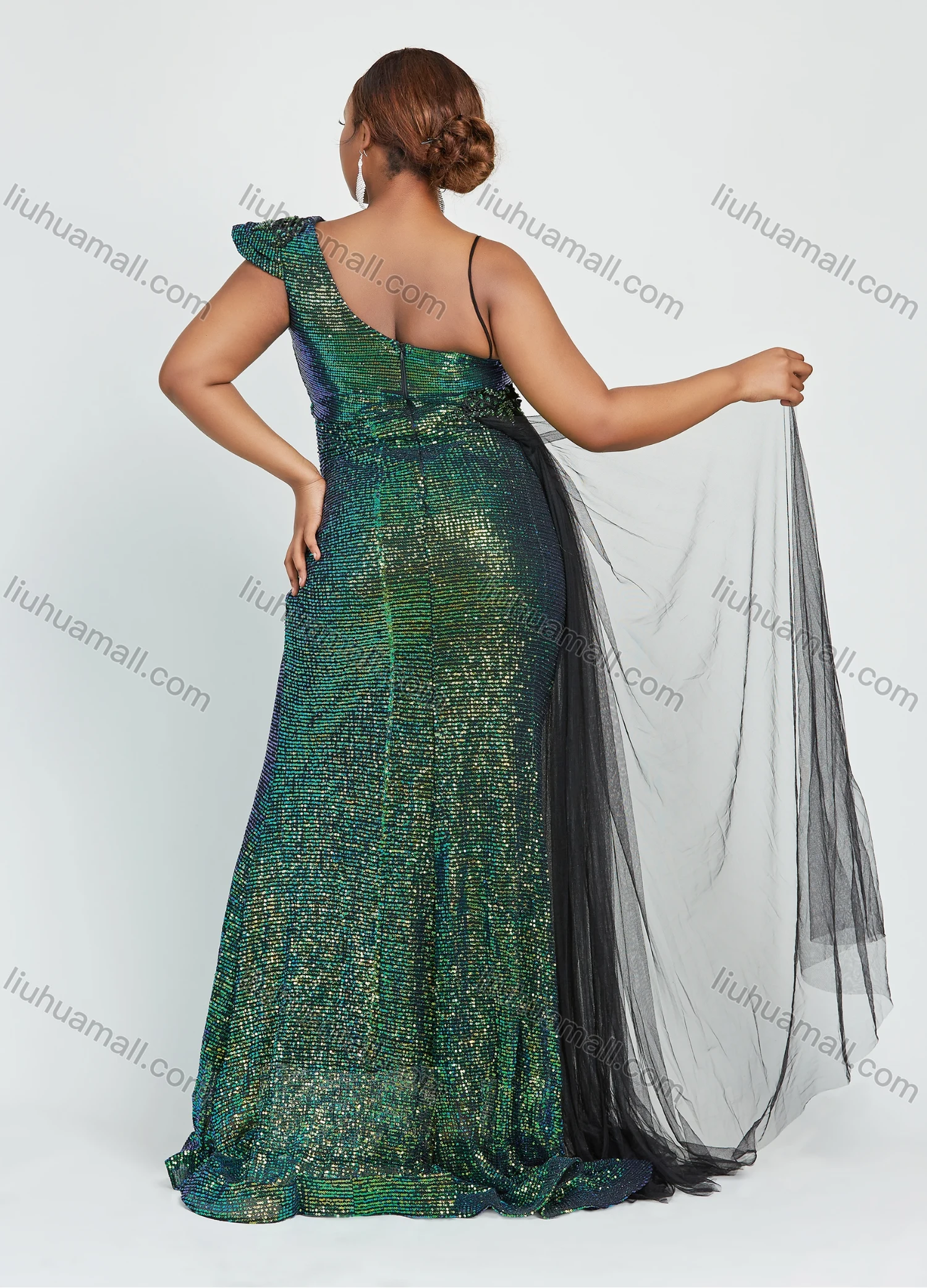 Wholesale Women's Elegant One Shoulder V-Neck Gradient Sequin Lace Mermaid Floor Length Evening Dress - Liuhuamall