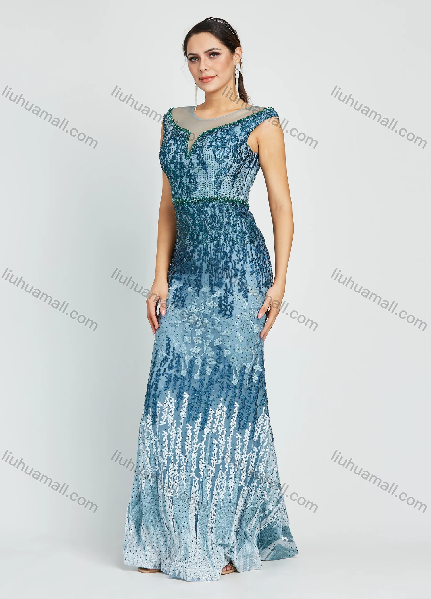 Wholesale Women's Notched Neck Rhinestone Embroidery Floor Length Glamorous Mermaid Evening Dress - Liuhuamall