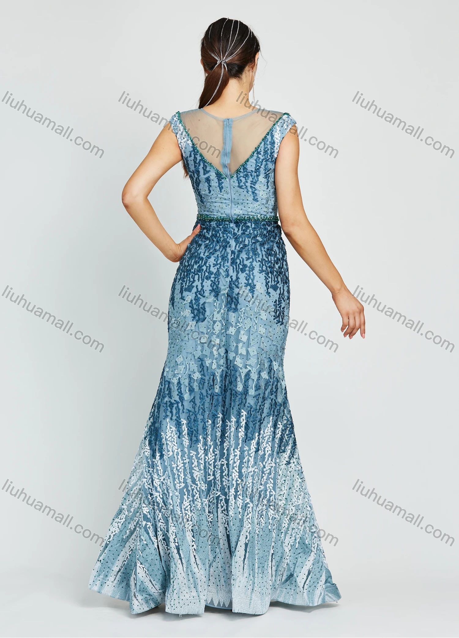 Wholesale Women's Notched Neck Rhinestone Embroidery Floor Length Glamorous Mermaid Evening Dress - Liuhuamall