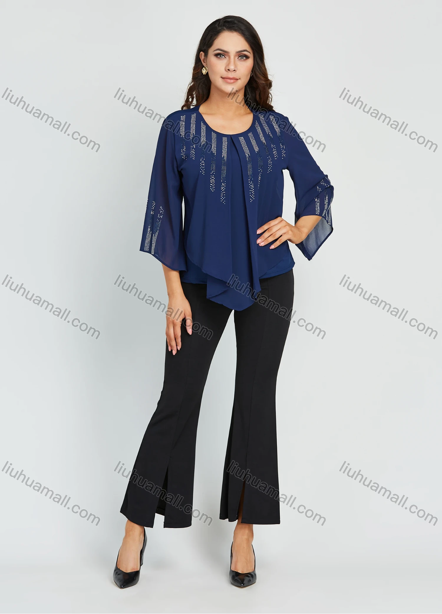 Wholesale Women's Elegant Plus Size Chiffon Round Neck 3/4 Sleeve Rhinestone Blouse With Slit Hem Flared Pant 2 Piece Set - Liuhuamall