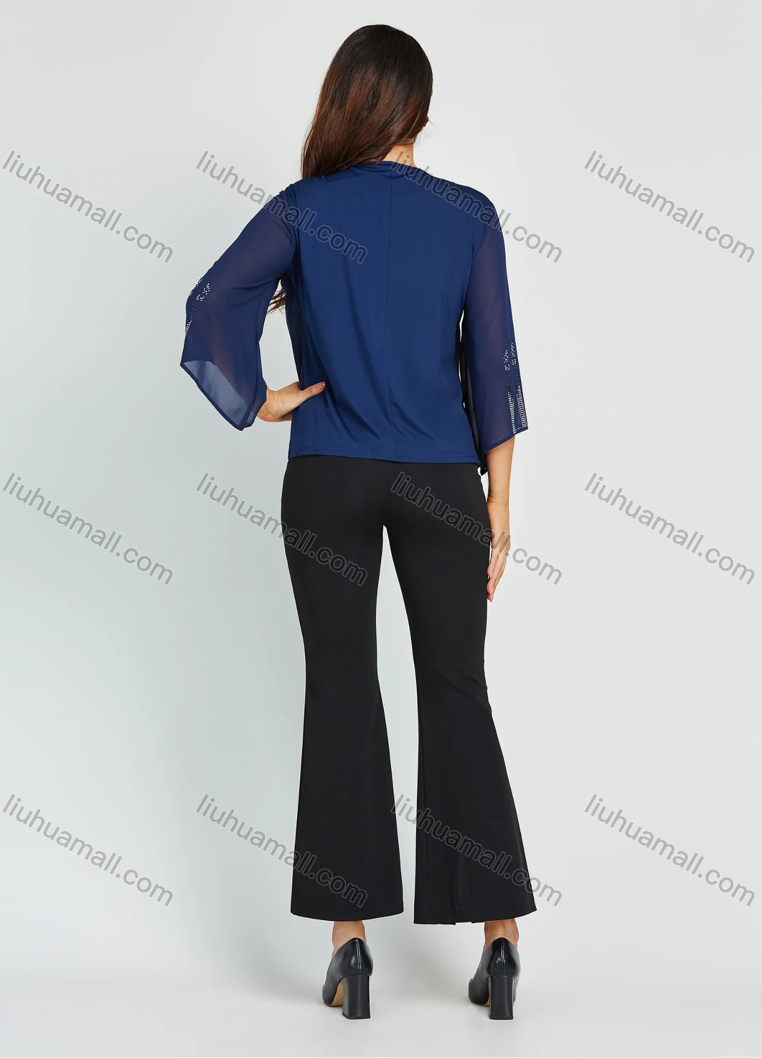 Wholesale Women's Elegant Plus Size Chiffon Round Neck 3/4 Sleeve Rhinestone Blouse With Slit Hem Flared Pant 2 Piece Set - Liuhuamall