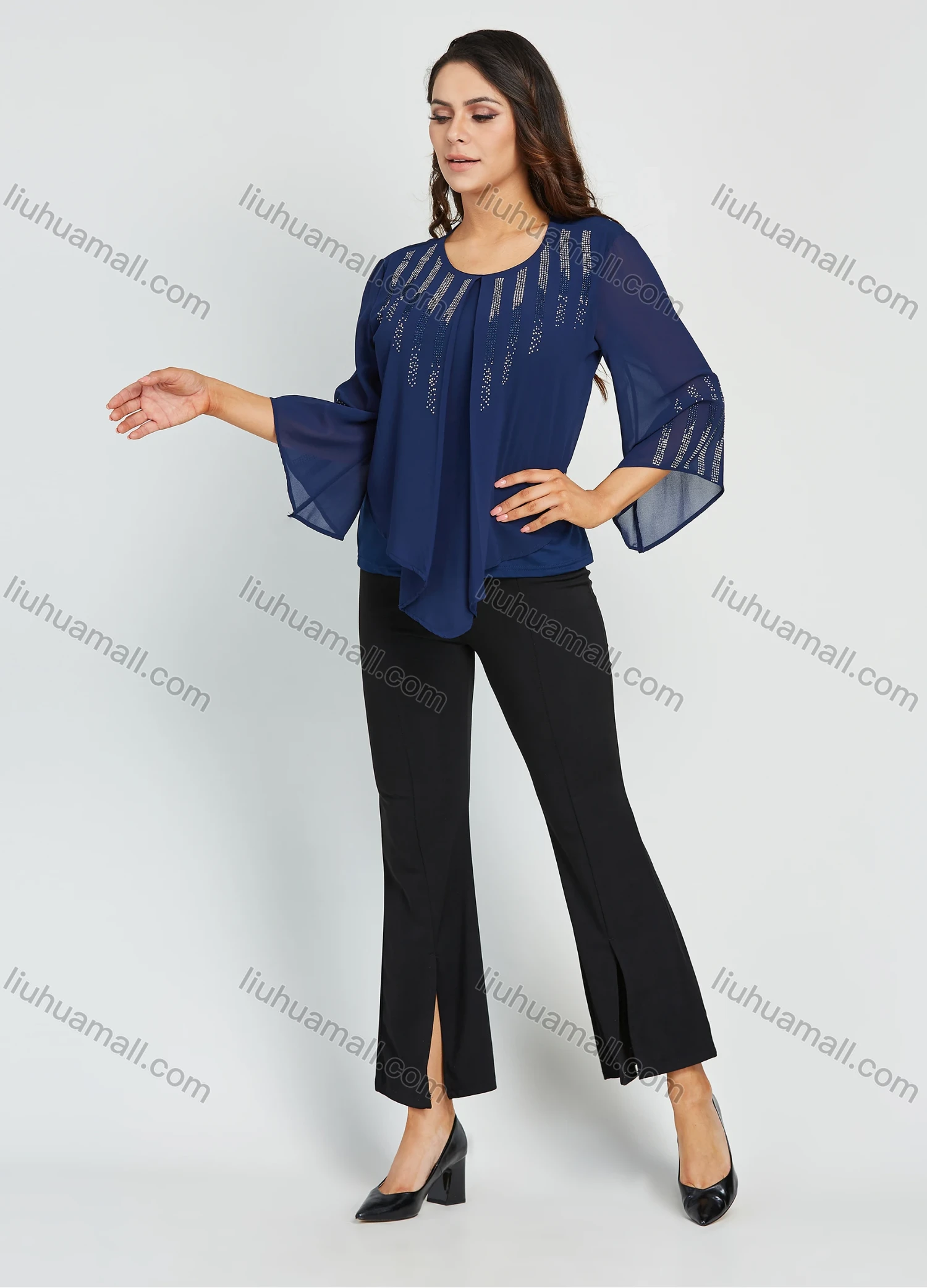 Wholesale Women's Elegant Plus Size Chiffon Round Neck 3/4 Sleeve Rhinestone Blouse With Slit Hem Flared Pant 2 Piece Set - Liuhuamall