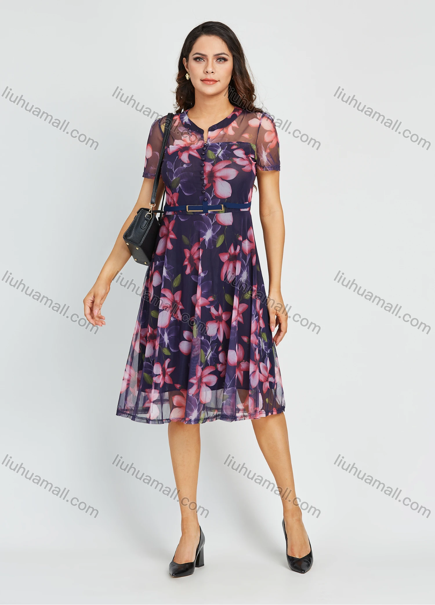 Wholesale Women's Elegant Chiffon Notch Neck Pearl Decro Floral Print Knee Length Dress With Belt - Liuhuamall