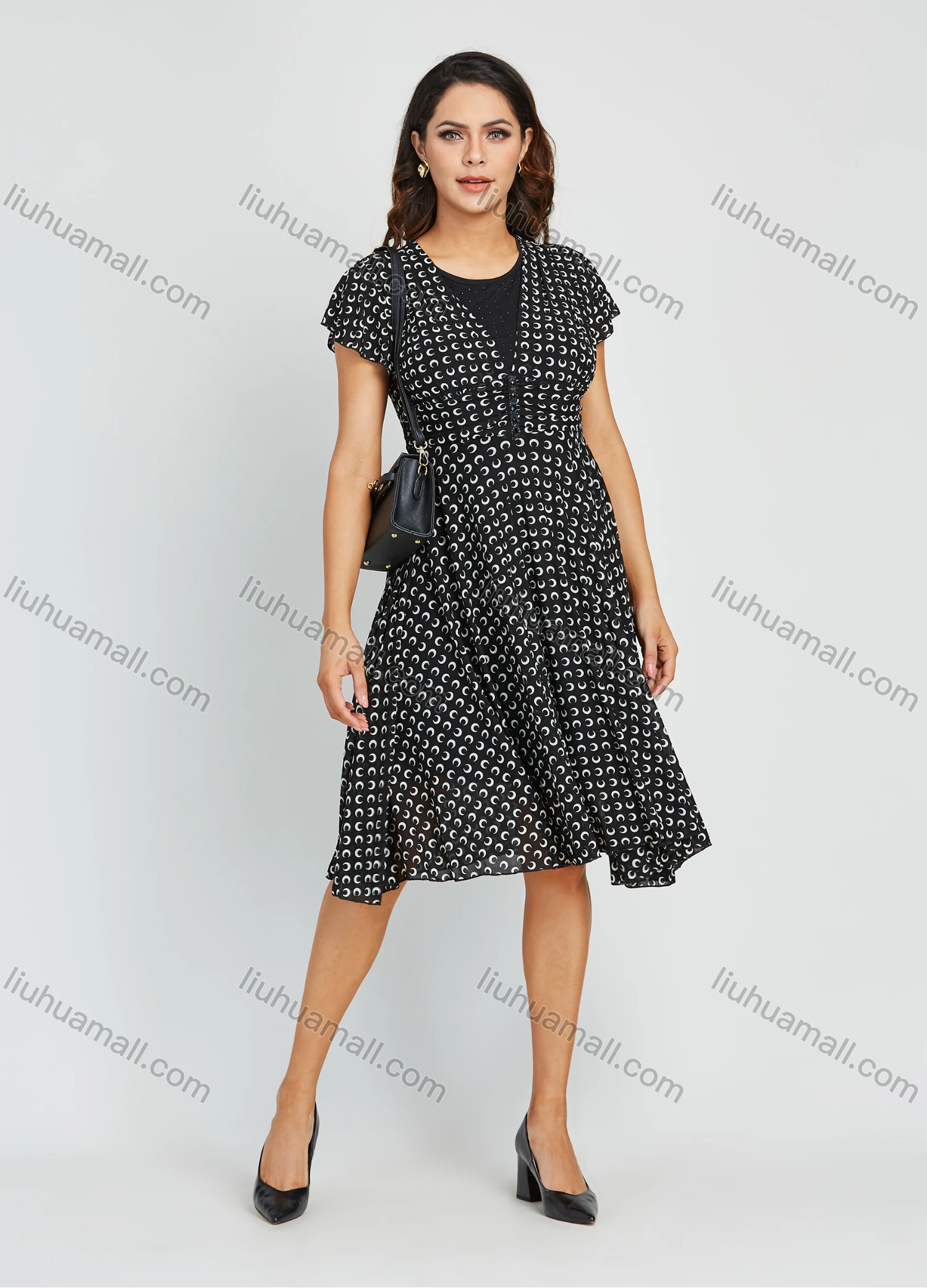 Wholesale Women's Elegant Crew Neck Allover Print Flounce Sleeve Knee Length Dress - Liuhuamall