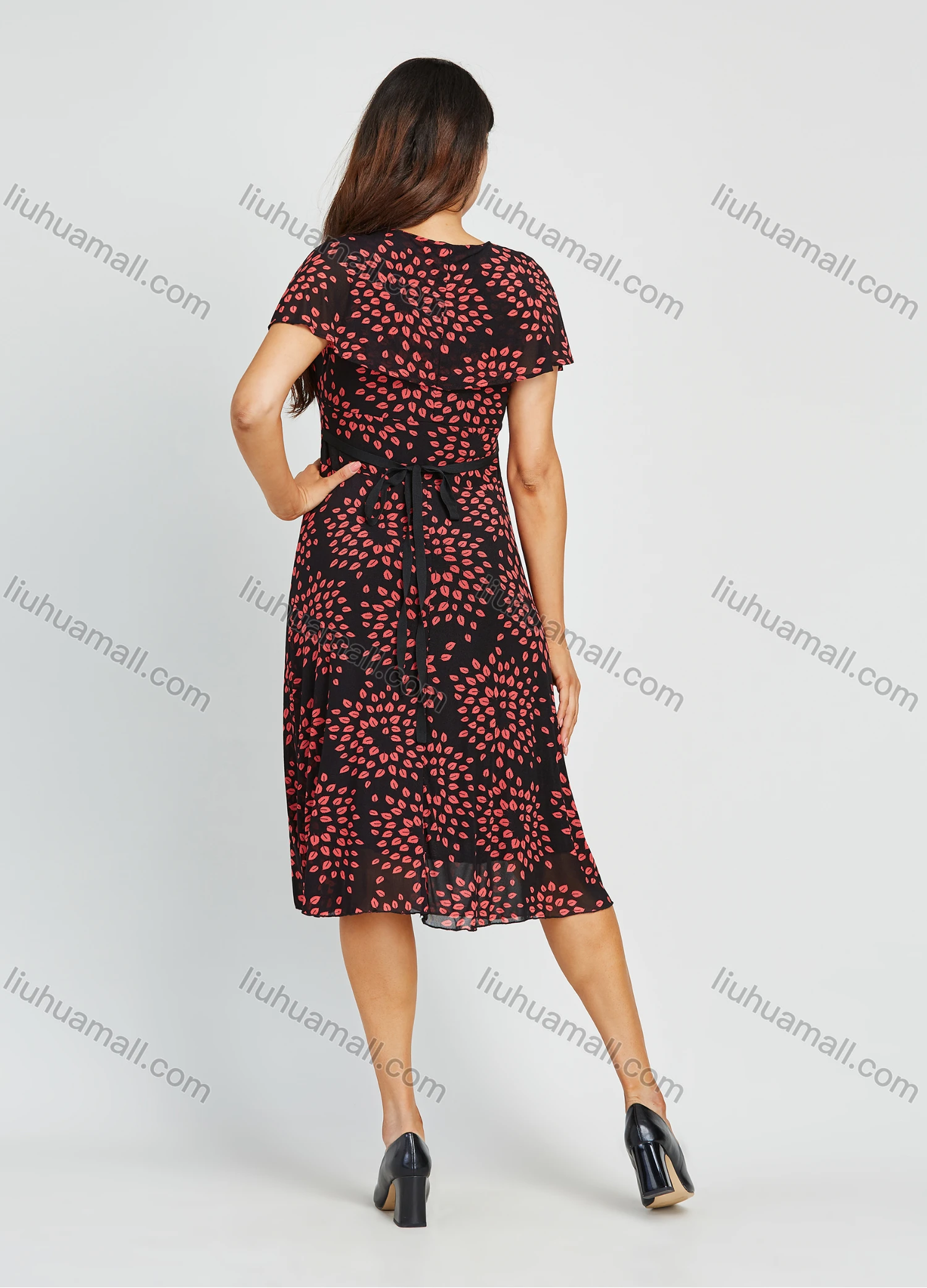 Wholesale Women's Elegant V Neck Allover Print Belted Knee Length Dress - Liuhuamall