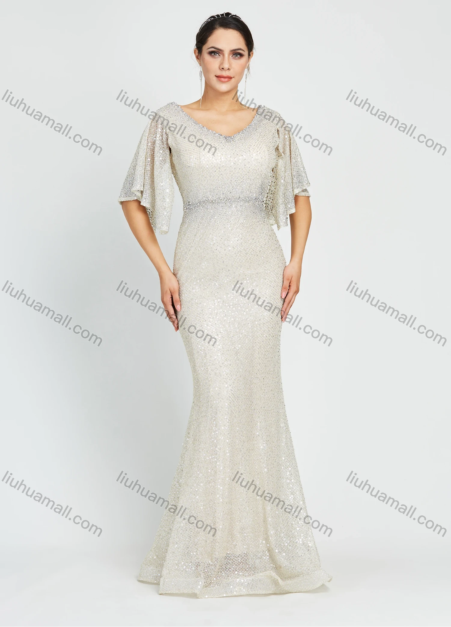 Wholesale Women's Glamorous Trumpet Sleeve V Neck Sequin Mermaid Floor Length Evening Dress - Liuhuamall