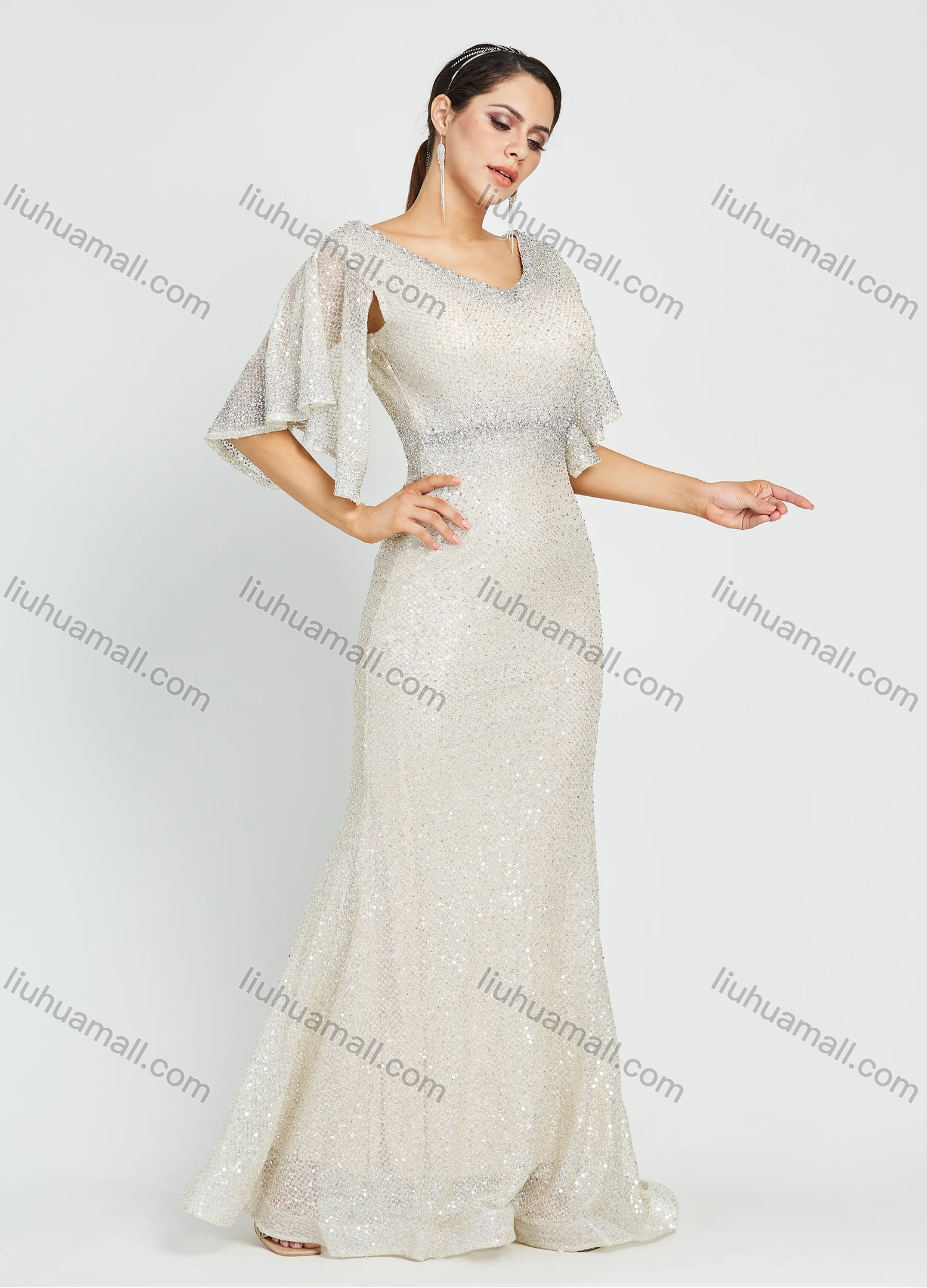 Wholesale Women's Glamorous Trumpet Sleeve V Neck Sequin Mermaid Floor Length Evening Dress - Liuhuamall