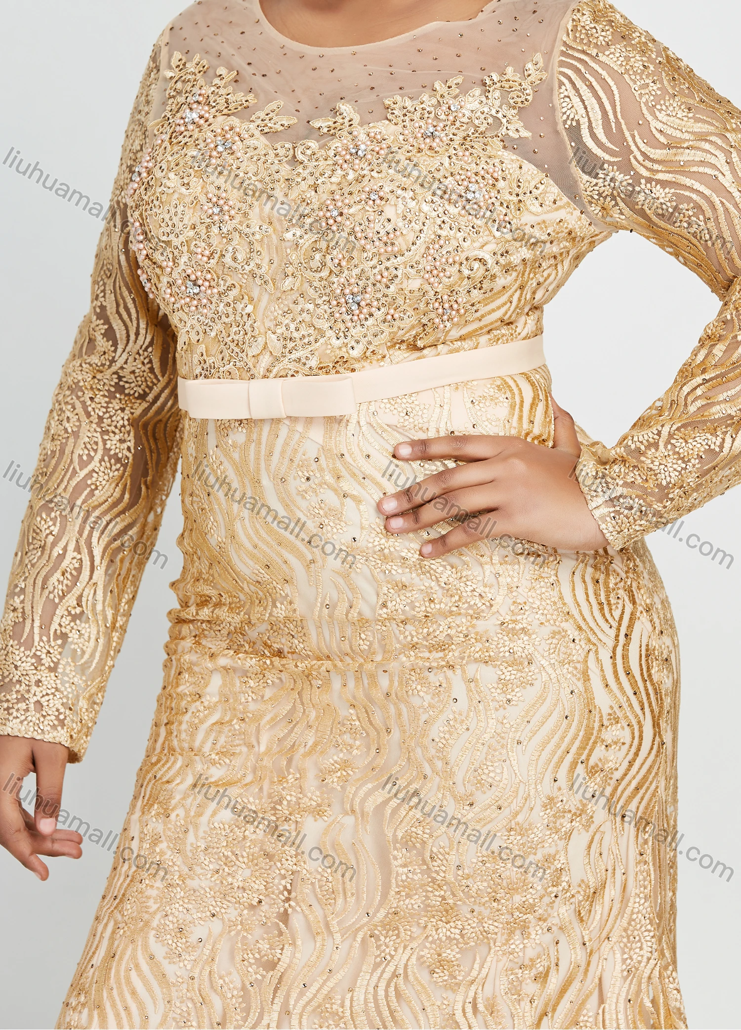 Wholesale Women's Glamorous Long Sleeve Mesh Embroidery Round Neck Lace Floor Length Evening Dress - Liuhuamall