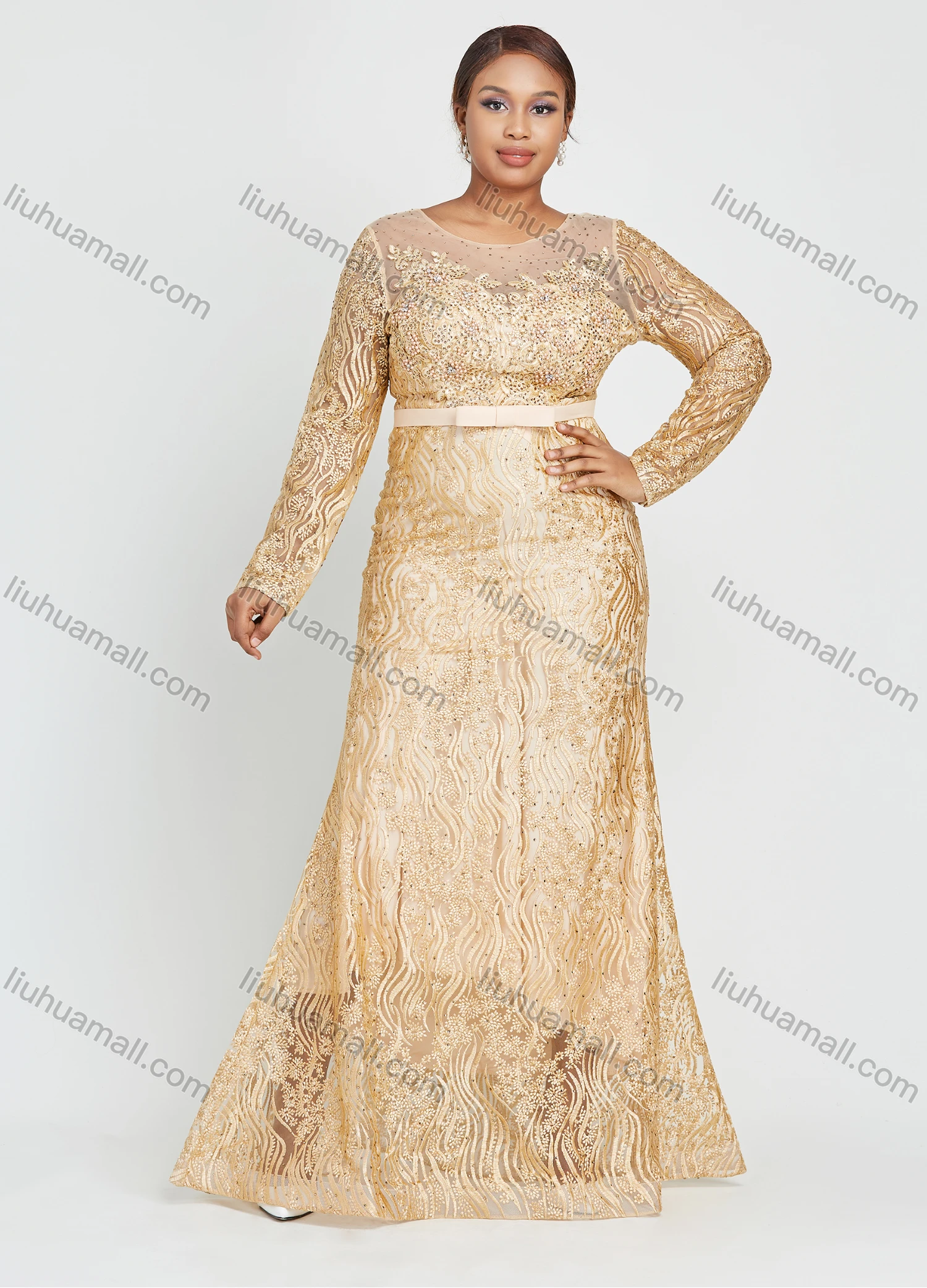 Wholesale Women's Glamorous Long Sleeve Mesh Embroidery Round Neck Lace Floor Length Evening Dress - Liuhuamall