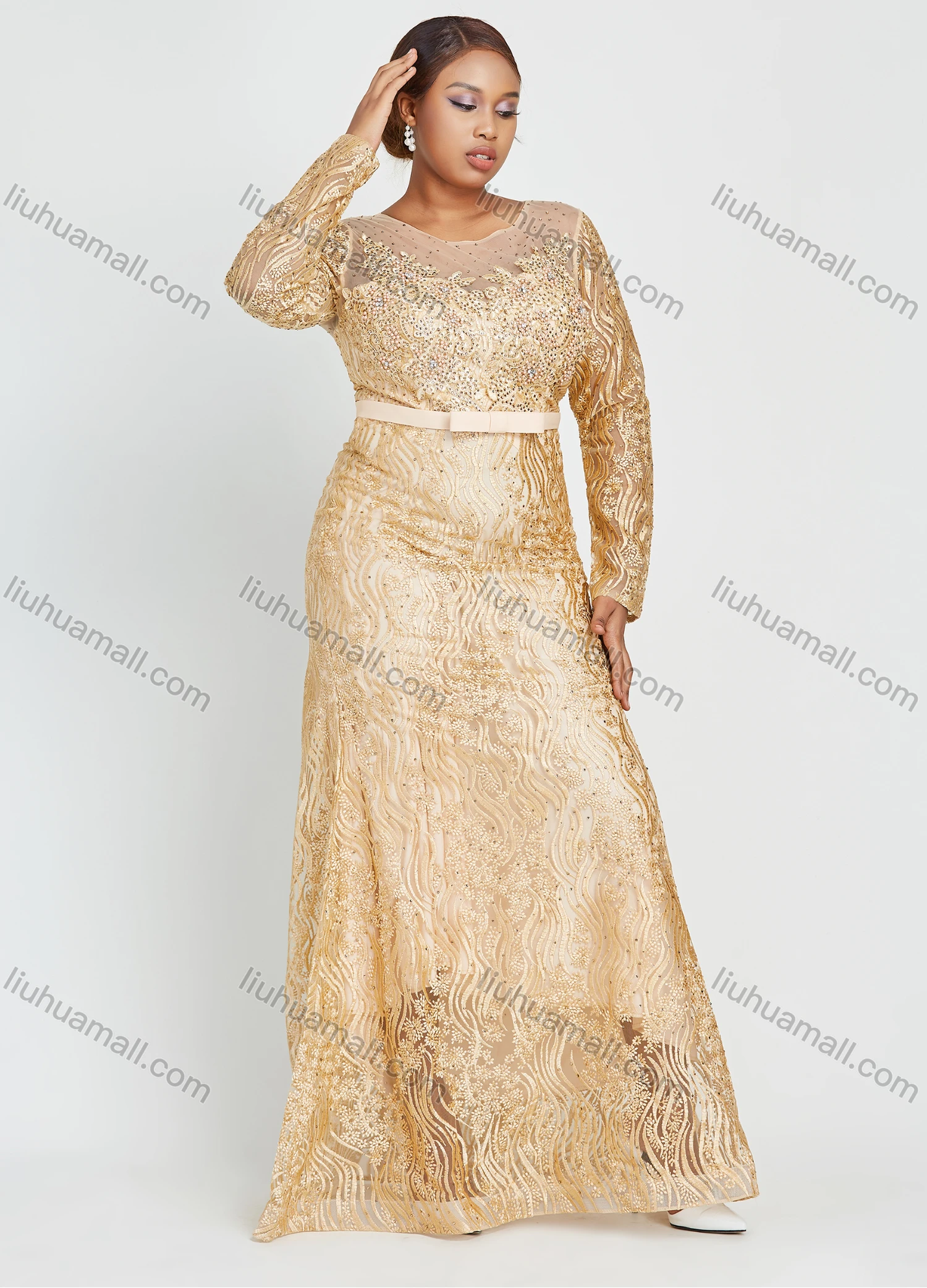 Wholesale Women's Glamorous Long Sleeve Mesh Embroidery Round Neck Lace Floor Length Evening Dress - Liuhuamall