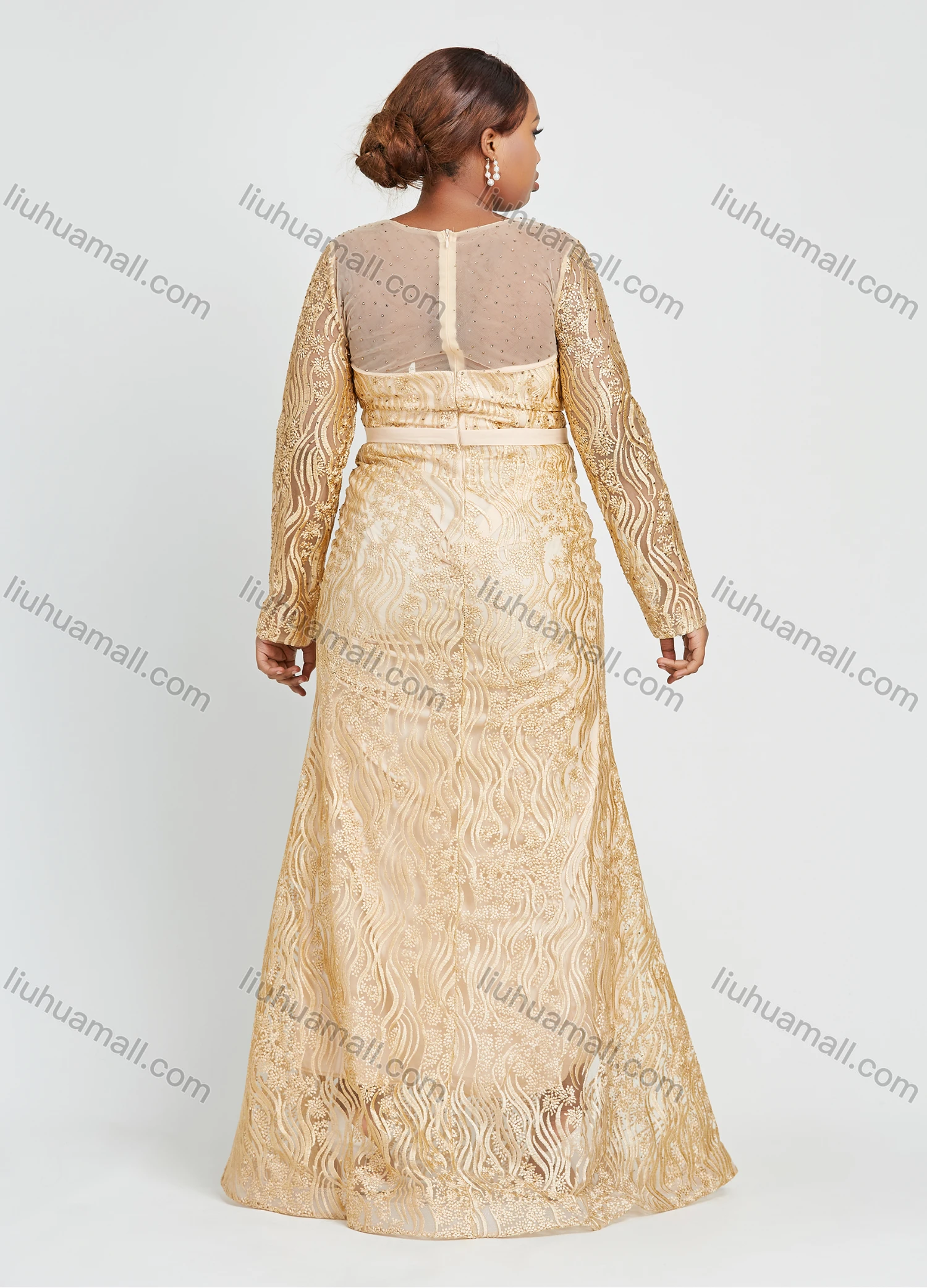 Wholesale Women's Glamorous Long Sleeve Mesh Embroidery Round Neck Lace Floor Length Evening Dress - Liuhuamall