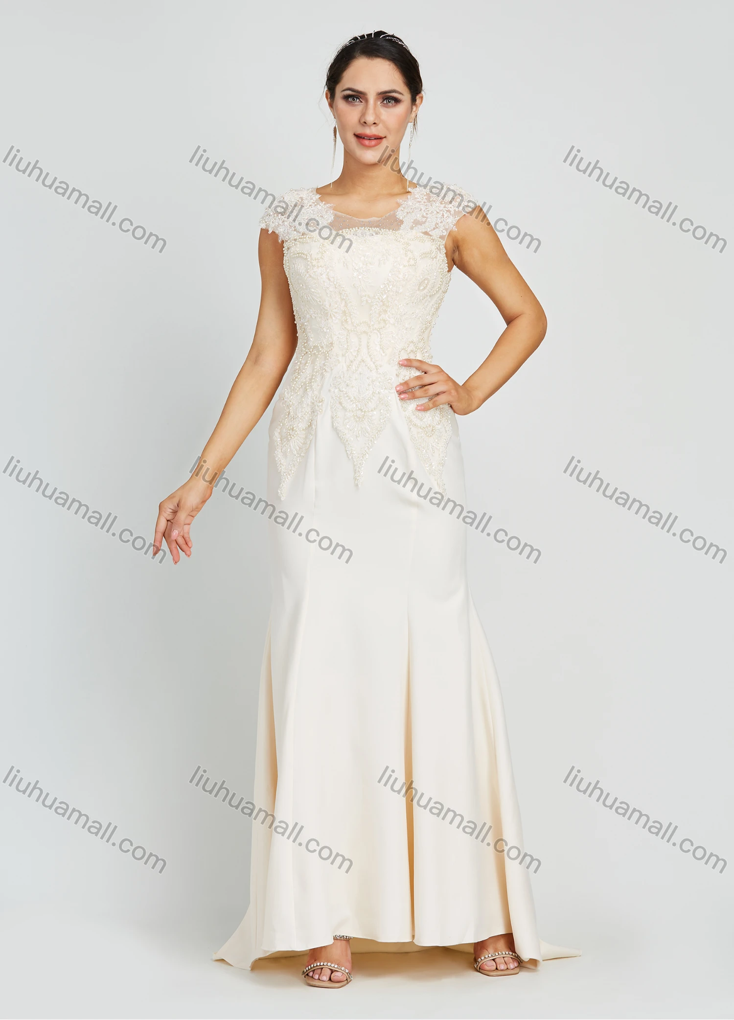 Wholesale Women's Glamorous Round Neck Lace Appliques Rhinestone Embroidery Floor Length Evening Dress - Liuhuamall