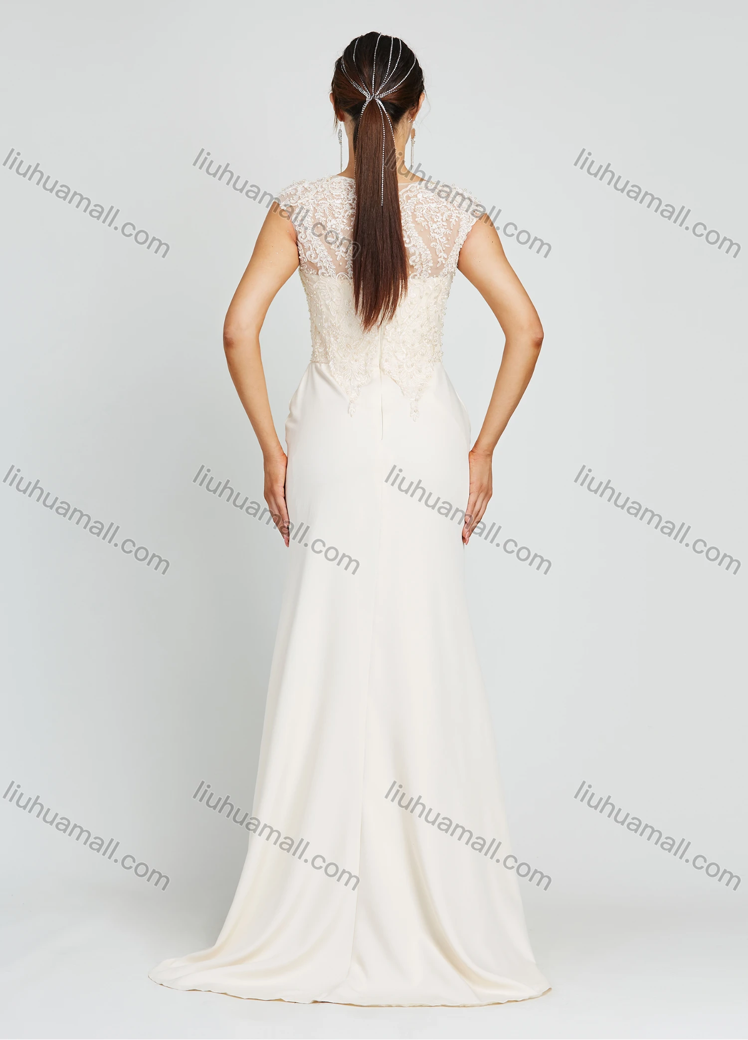 Wholesale Women's Glamorous Round Neck Lace Appliques Rhinestone Embroidery Floor Length Evening Dress - Liuhuamall