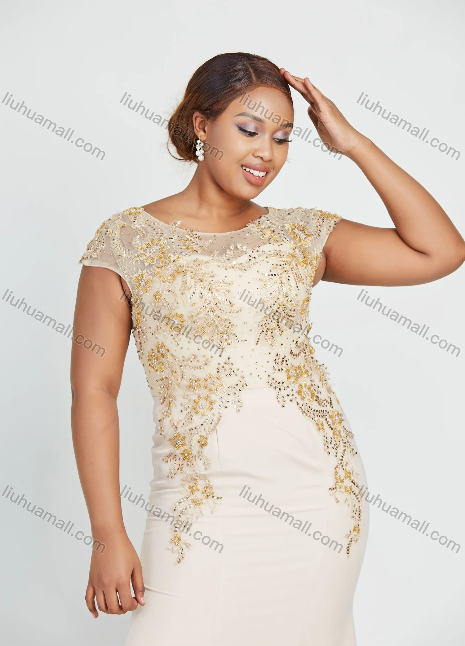 Wholesale Women's Cap Sleeve Round Neck Plain Sequin Embroidery Floor Length Mermaid Evening Dress - Liuhuamall