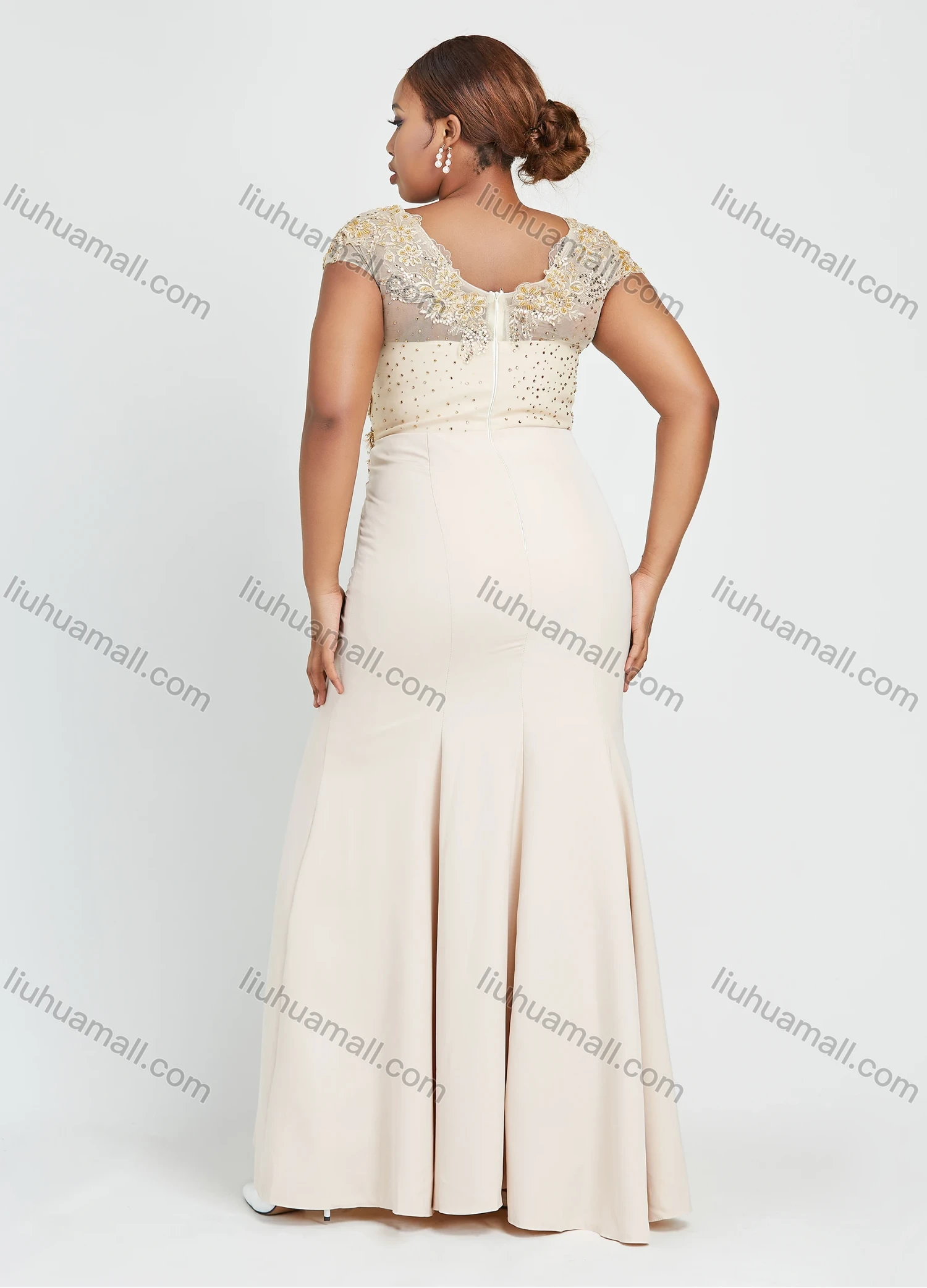 Wholesale Women's Cap Sleeve Round Neck Plain Sequin Embroidery Floor Length Mermaid Evening Dress - Liuhuamall