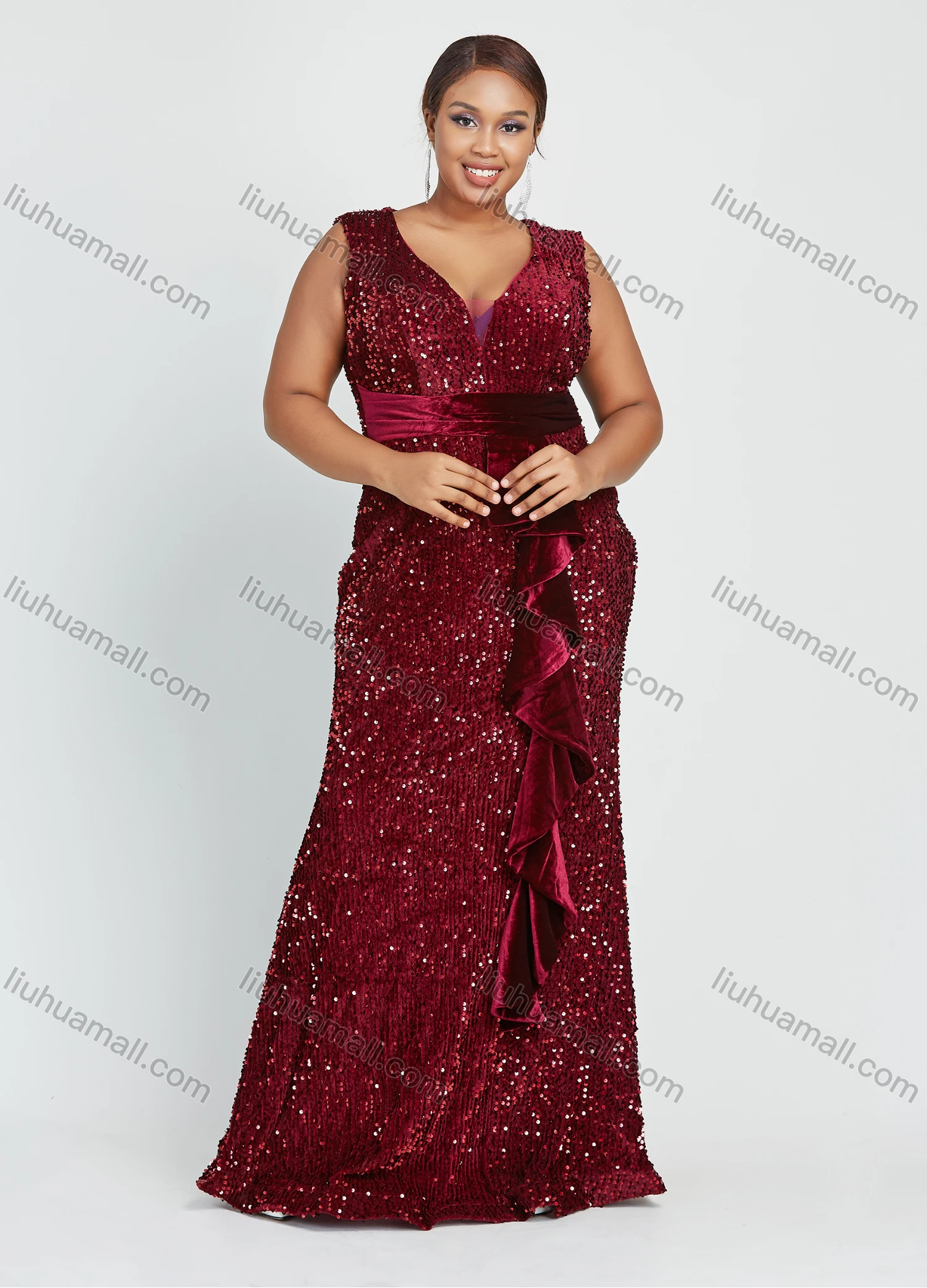 Wholesale Women's Glamorous Ruffle Trim Sleeveless Sweetheart Sequin Floor Length Evening Dress - Liuhuamall
