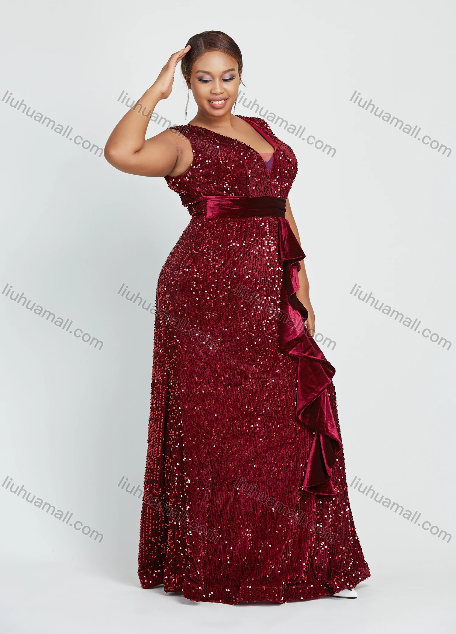 Wholesale Women's Glamorous Ruffle Trim Sleeveless Sweetheart Sequin Floor Length Evening Dress - Liuhuamall