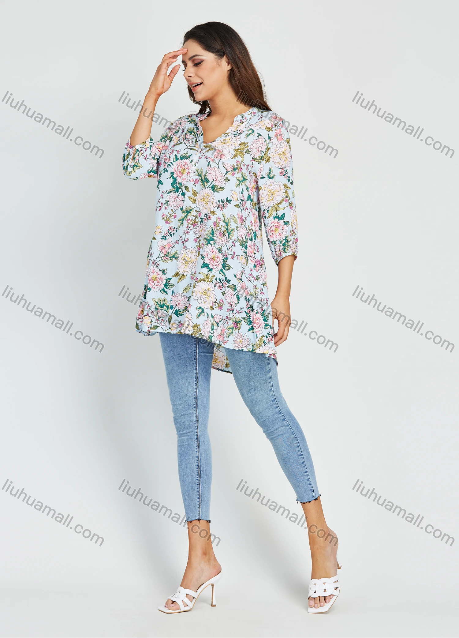 Wholesale Women's Casual Floral Print 3/4 Sleeve Button Front V Neck High Low Hem Casual Tunic Shirt - Liuhuamall