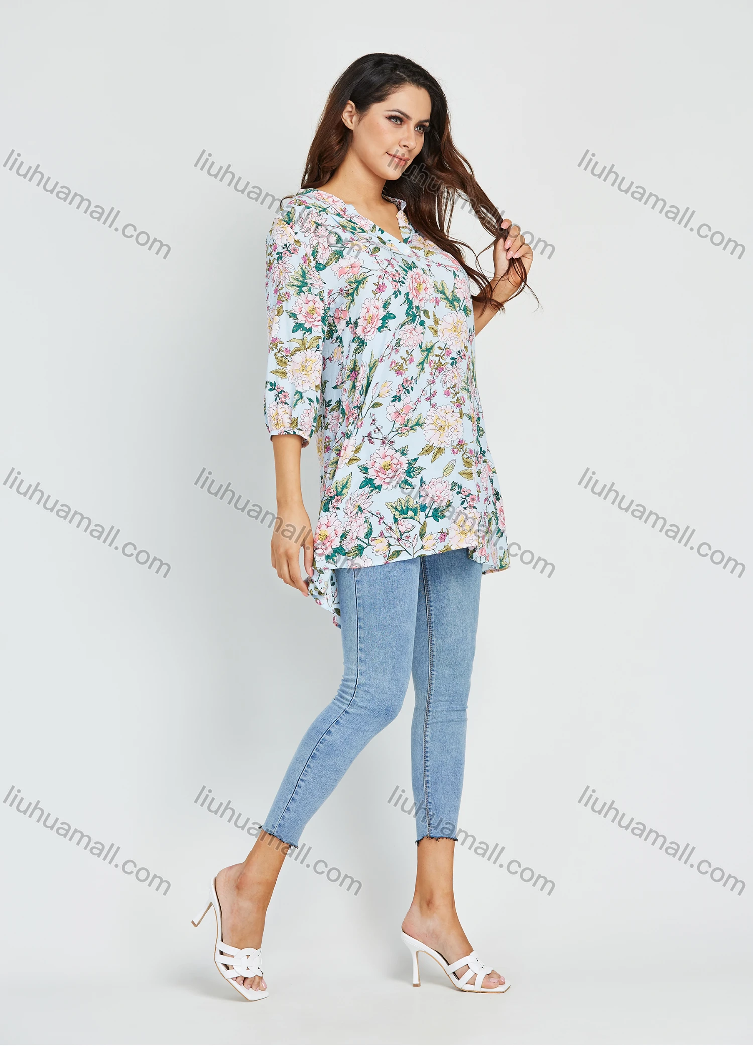 Wholesale Women's Casual Floral Print 3/4 Sleeve Button Front V Neck High Low Hem Casual Tunic Shirt - Liuhuamall