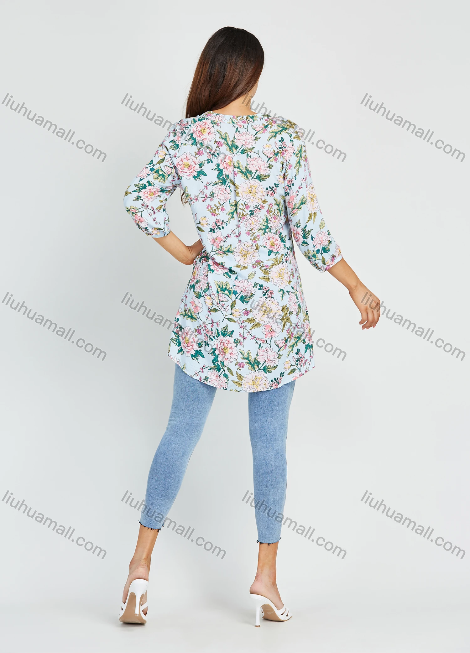 Wholesale Women's Casual Floral Print 3/4 Sleeve Button Front V Neck High Low Hem Casual Tunic Shirt - Liuhuamall