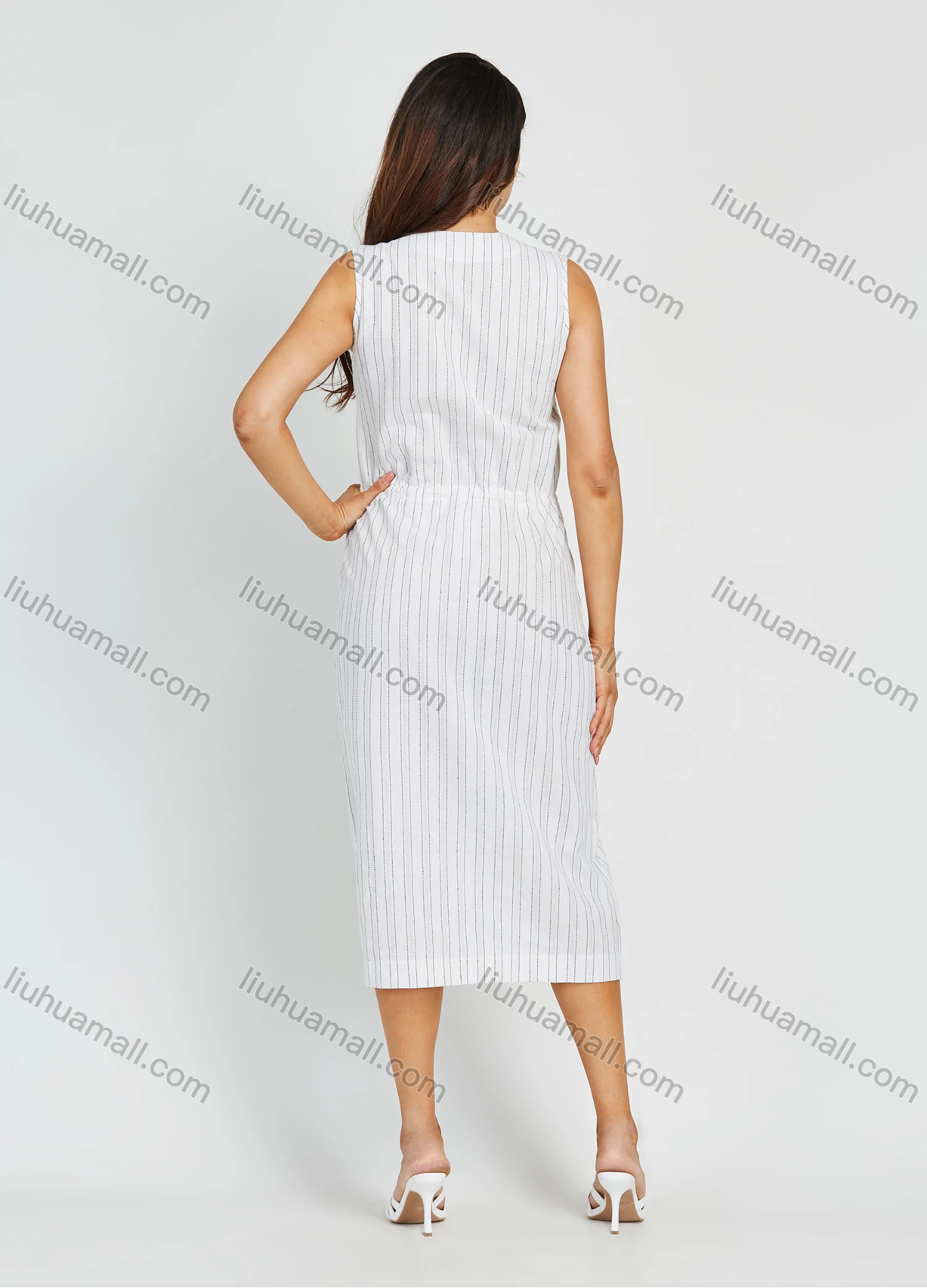 Wholesale Women' Casual Sleeveless V Neck Striped Print Button Decor Midi Dress - Liuhuamall