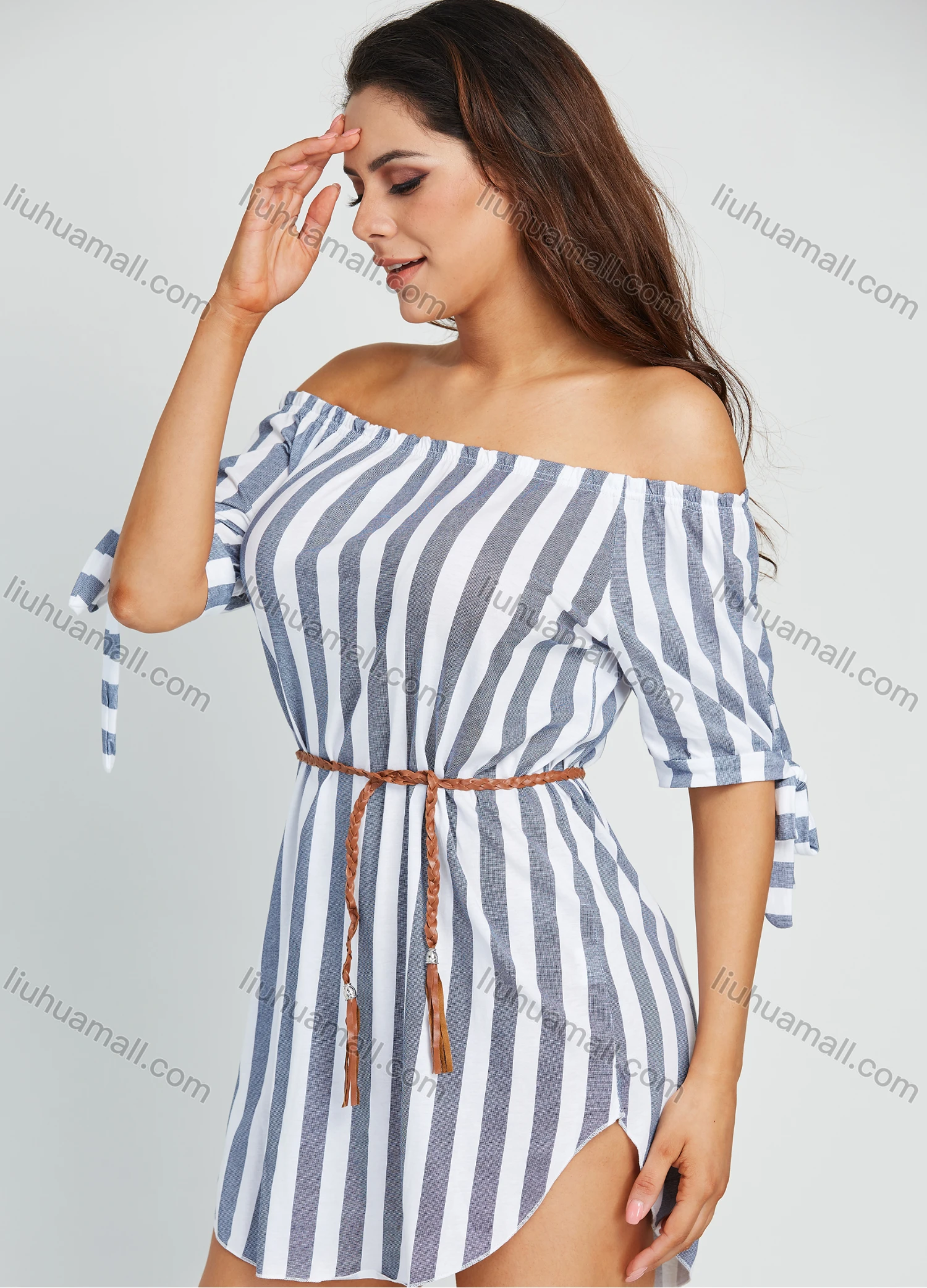Wholesale Women's Casual Striped Print Off Shoulder Short Sleeve Tie Curved Hem Mini Dress With Belt - Liuhuamall