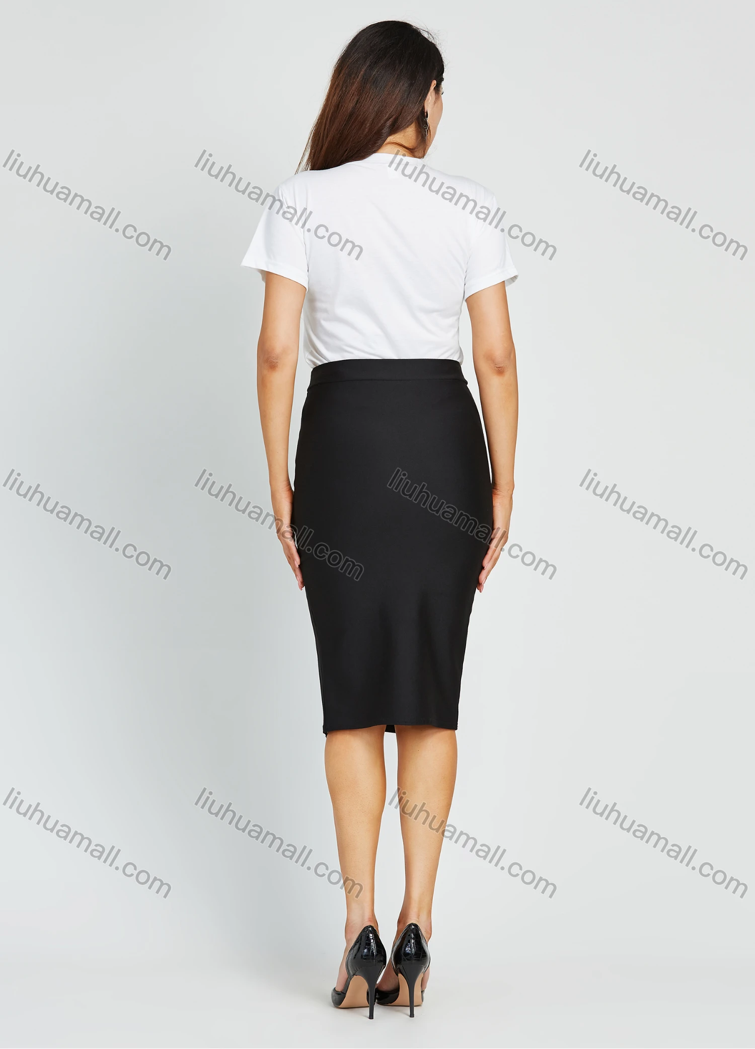 Wholesale Women's Business High Waist Slit Hem Plain Pencil Skirt - Liuhuamall