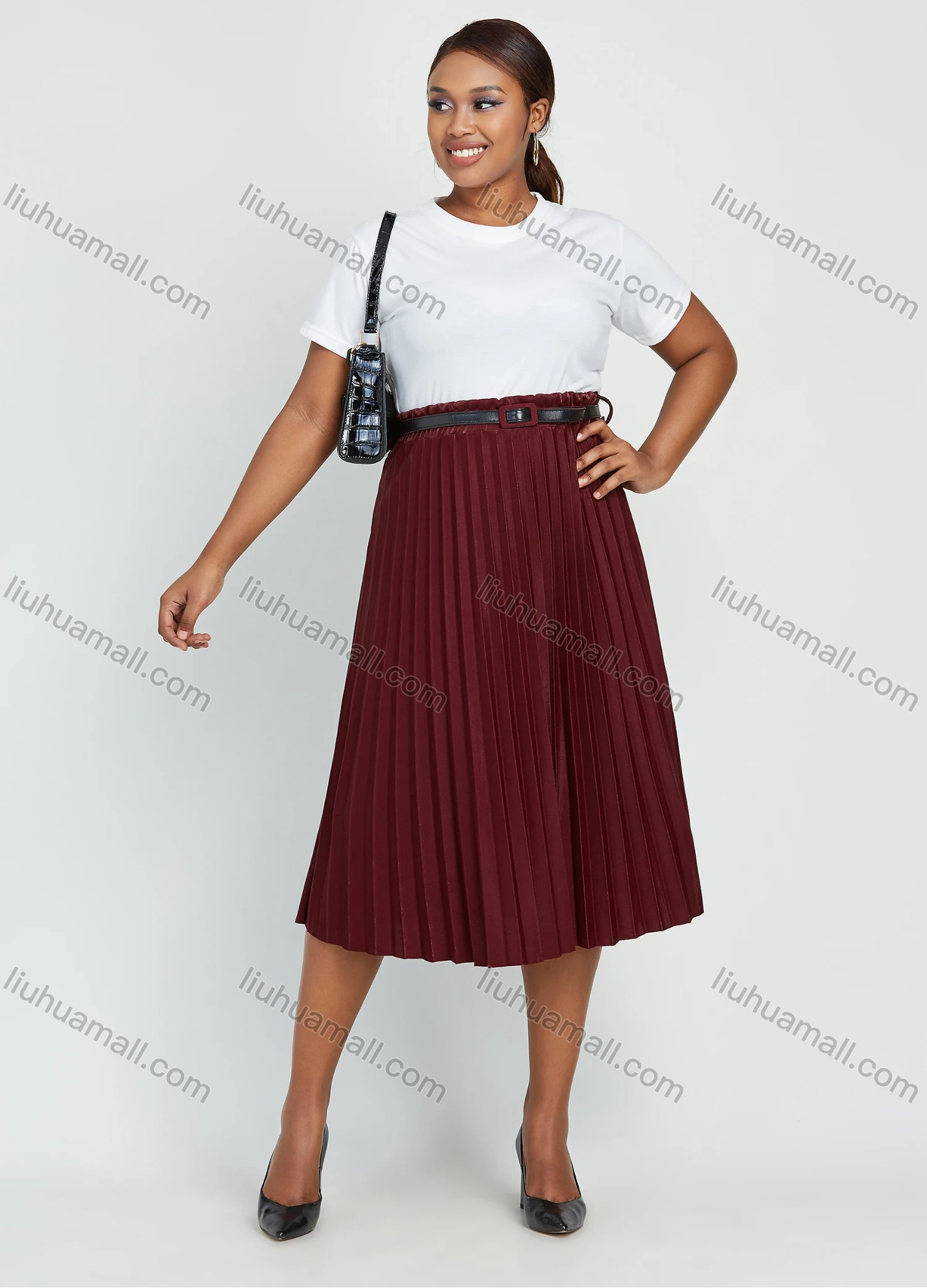 Wholesale Women's Casual Plus Size High Waist Belted Plain Pleated Skirt With Belt - Liuhuamall