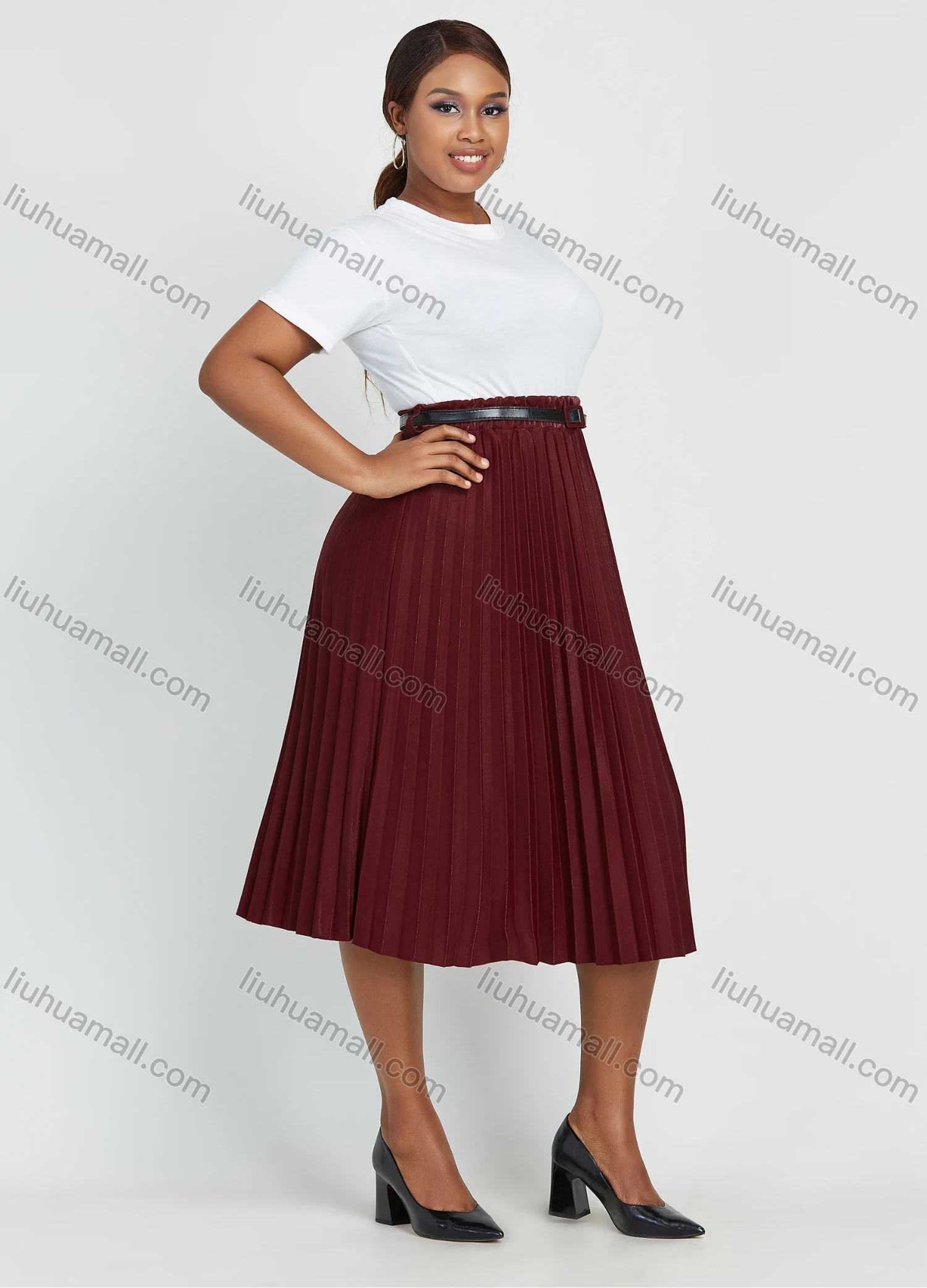 Wholesale Women's Casual Plus Size High Waist Belted Plain Pleated Skirt With Belt - Liuhuamall