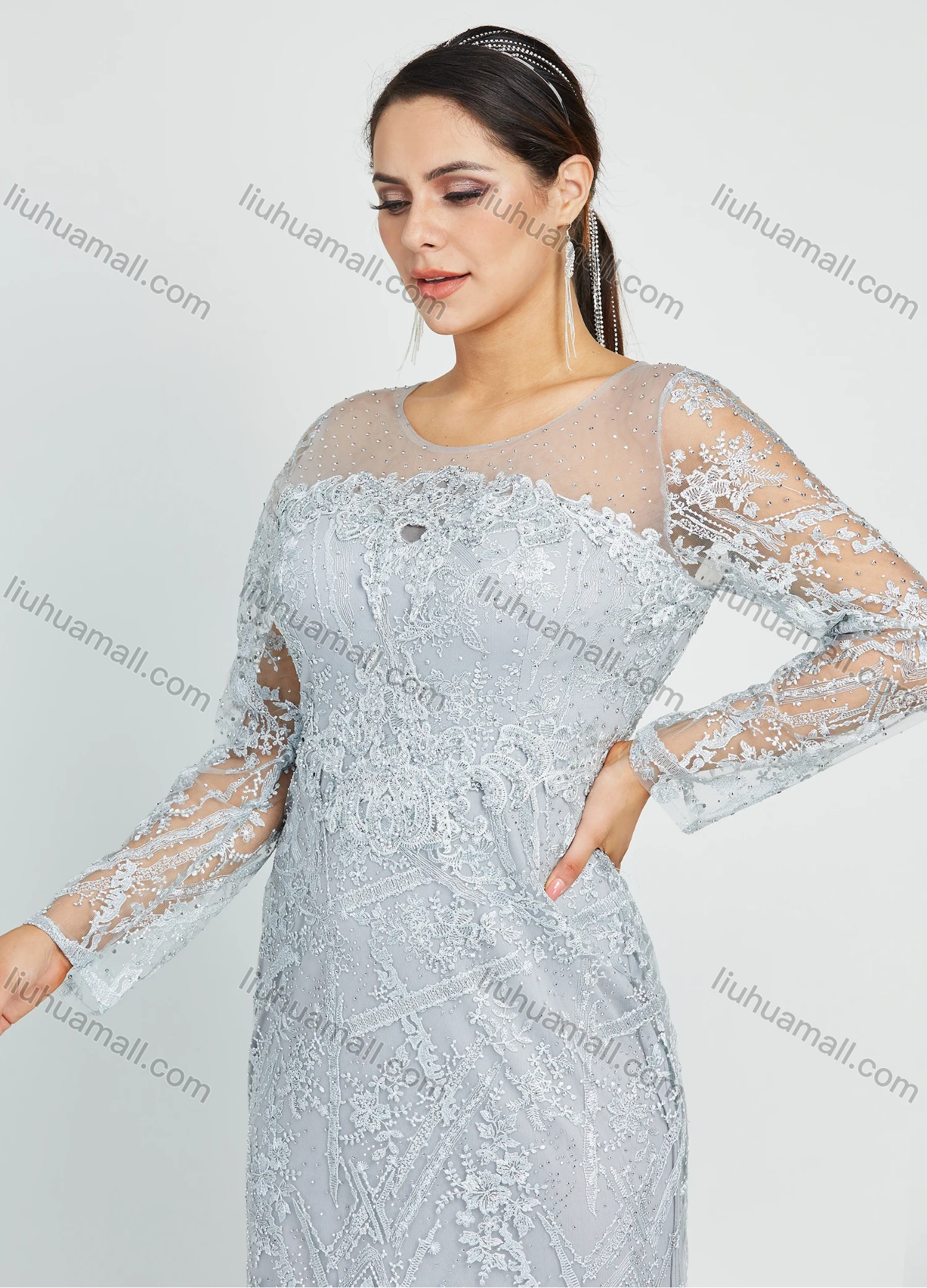 Wholesale Women's Glamorous Appliques Embroidery Long Sleeve Round Neck Lace Mermaid Floor Length Evening Dress - Liuhuamall