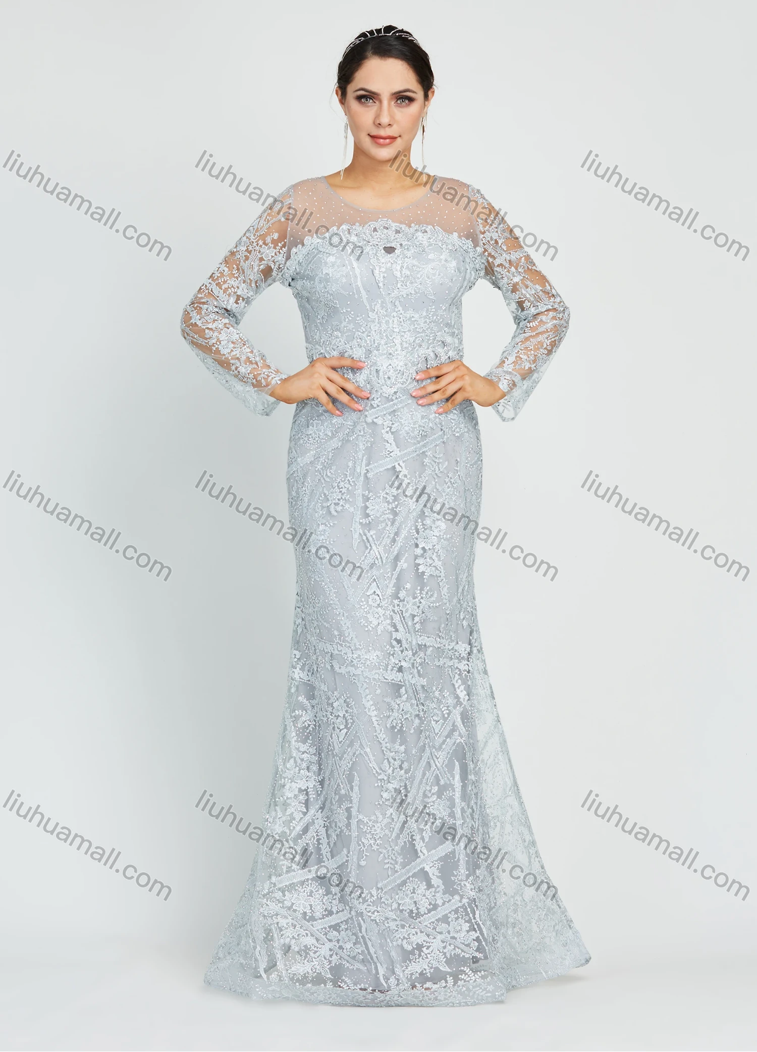 Wholesale Women's Glamorous Appliques Embroidery Long Sleeve Round Neck Lace Mermaid Floor Length Evening Dress - Liuhuamall