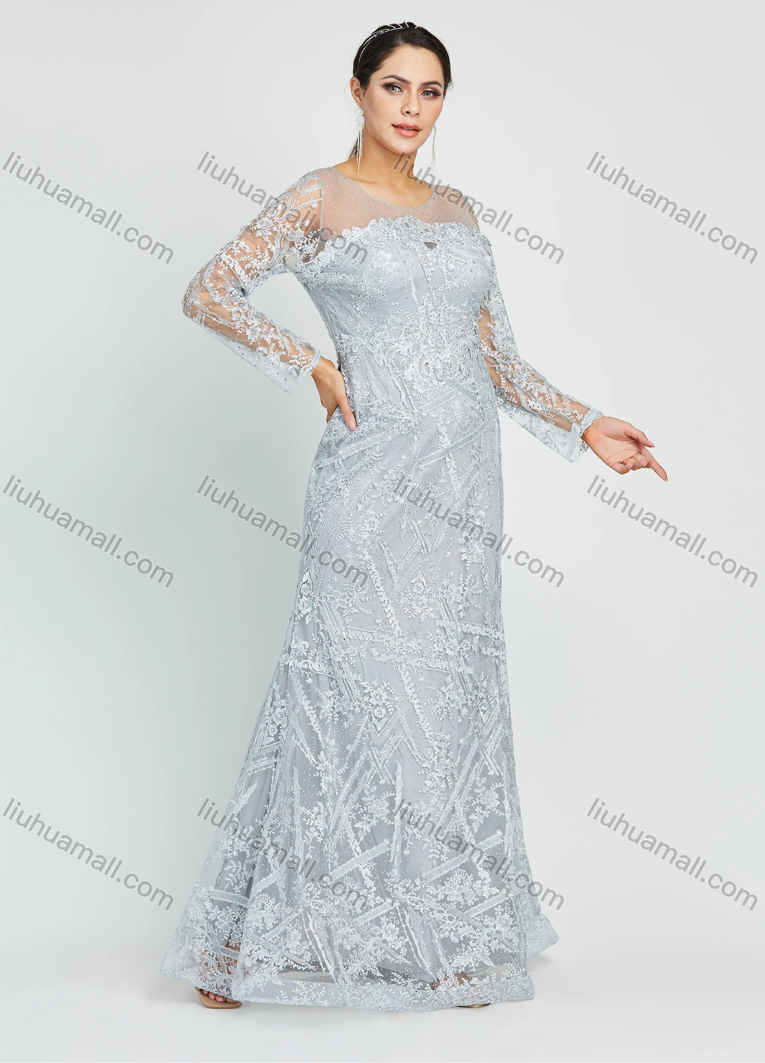 Wholesale Women's Glamorous Appliques Embroidery Long Sleeve Round Neck Lace Mermaid Floor Length Evening Dress - Liuhuamall