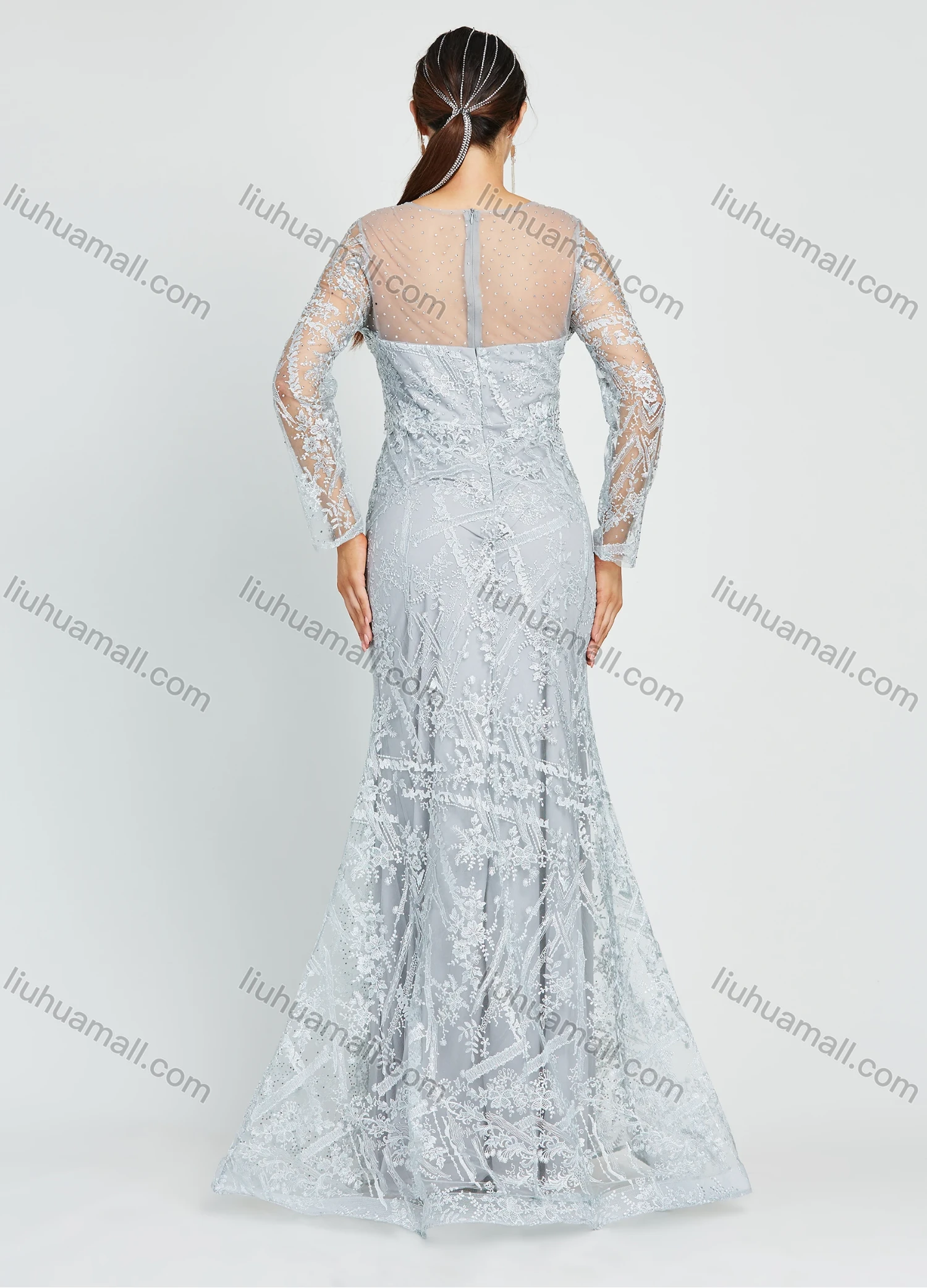 Wholesale Women's Glamorous Appliques Embroidery Long Sleeve Round Neck Lace Mermaid Floor Length Evening Dress - Liuhuamall