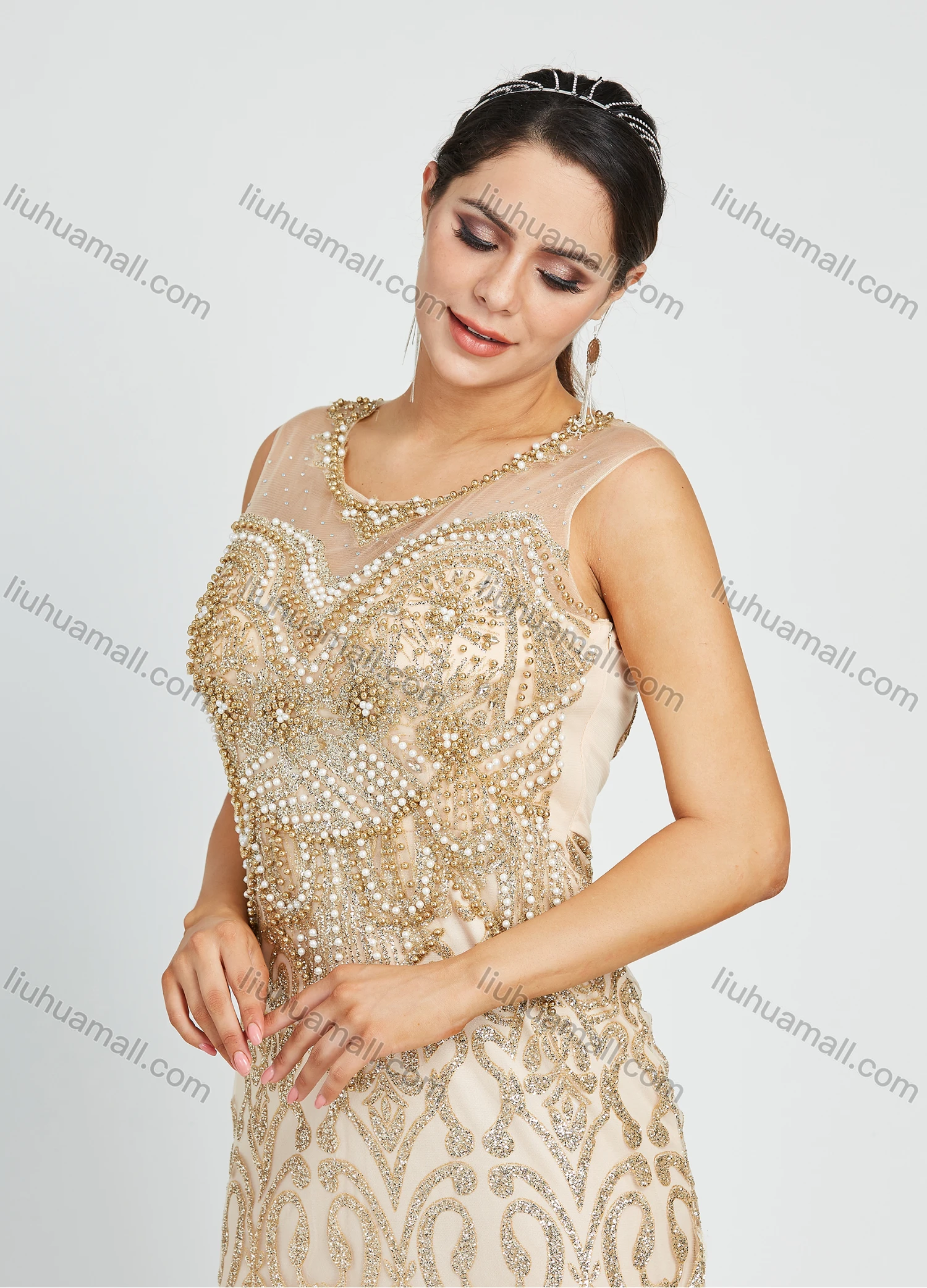 Wholesale Women's Glamorous Sleeveless Round Neck Sequin Pearl Maxi Evening Dress - Liuhuamall