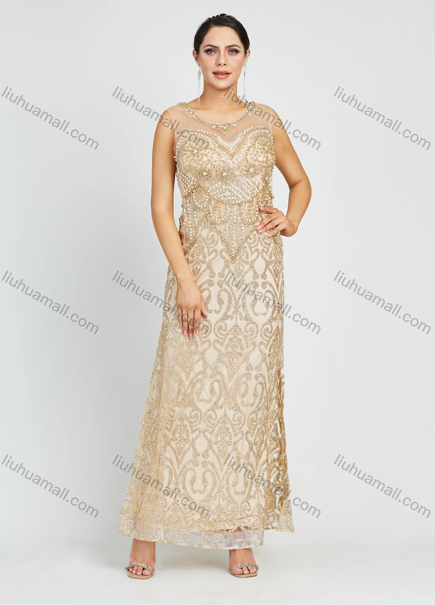 Wholesale Women's Glamorous Sleeveless Round Neck Sequin Pearl Maxi Evening Dress - Liuhuamall