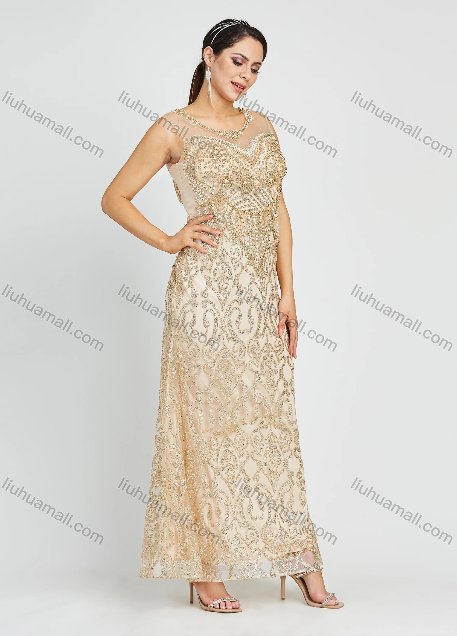 Wholesale Women's Glamorous Sleeveless Round Neck Sequin Pearl Maxi Evening Dress - Liuhuamall