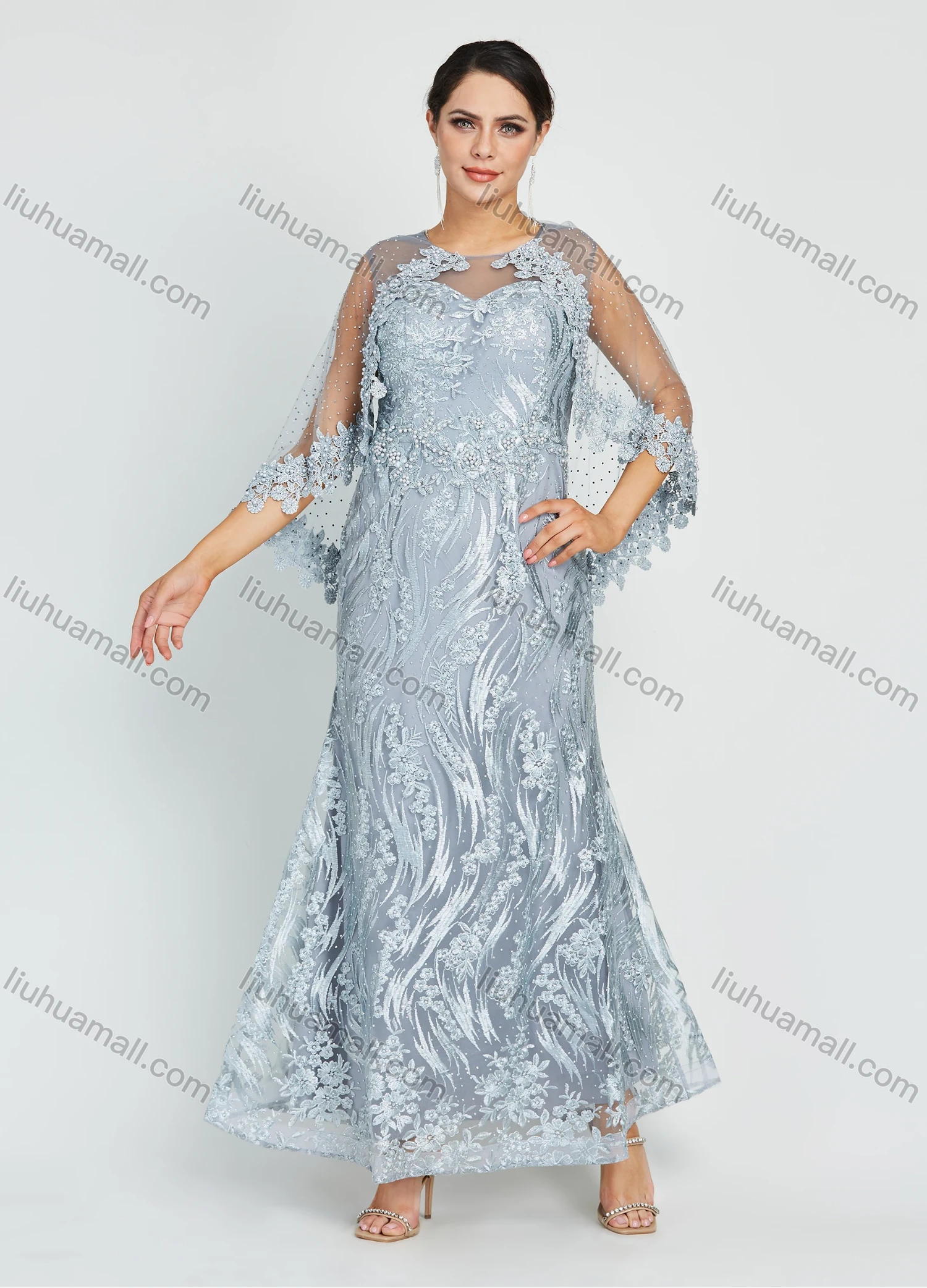 Wholesale Women's Glamorous Batwing Sleeve Mesh Embroidery Pearl Lace Appliques Maxi Mermaid Evening Dress - Liuhuamall