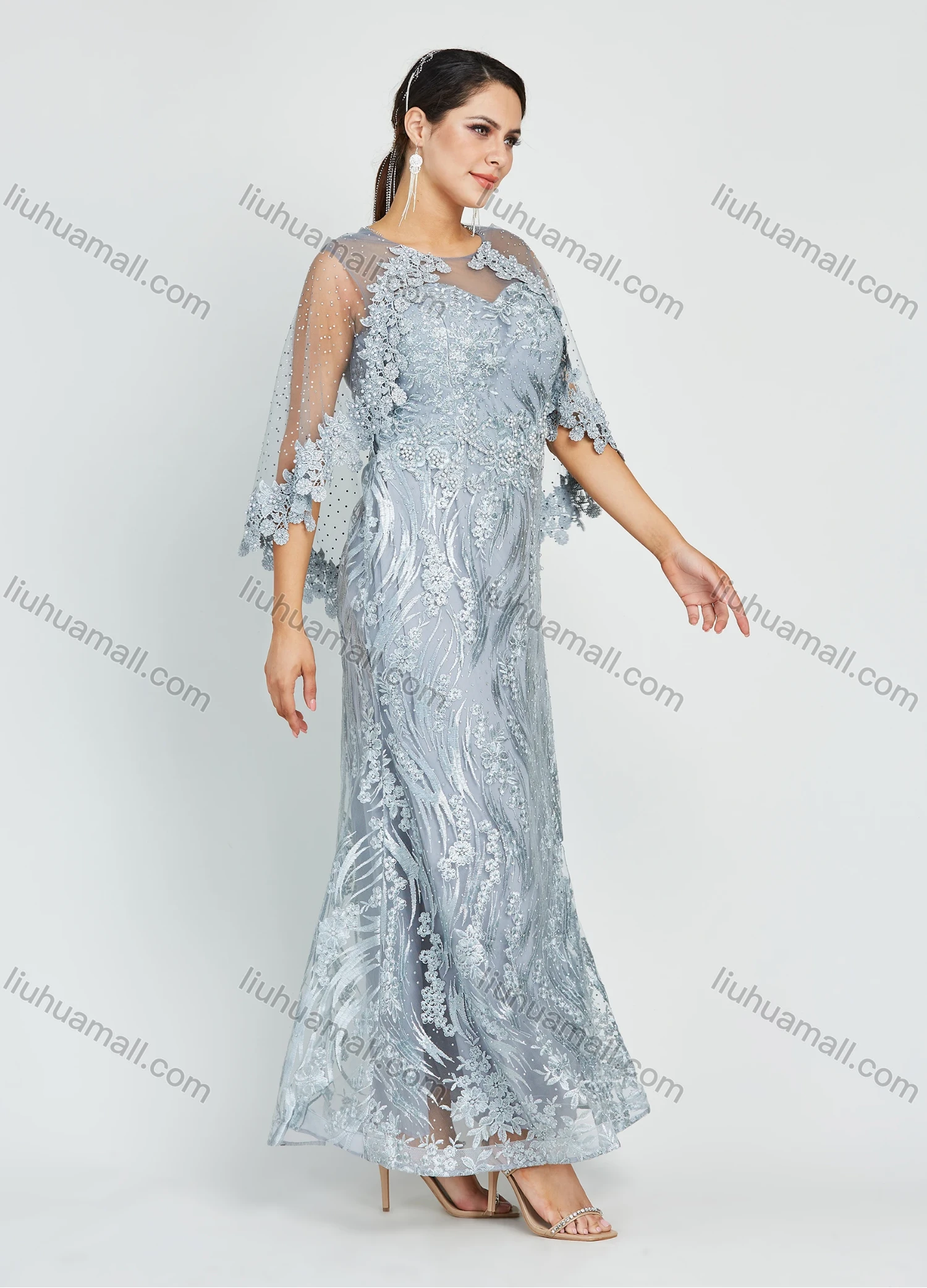 Wholesale Women's Glamorous Batwing Sleeve Mesh Embroidery Pearl Lace Appliques Maxi Mermaid Evening Dress - Liuhuamall