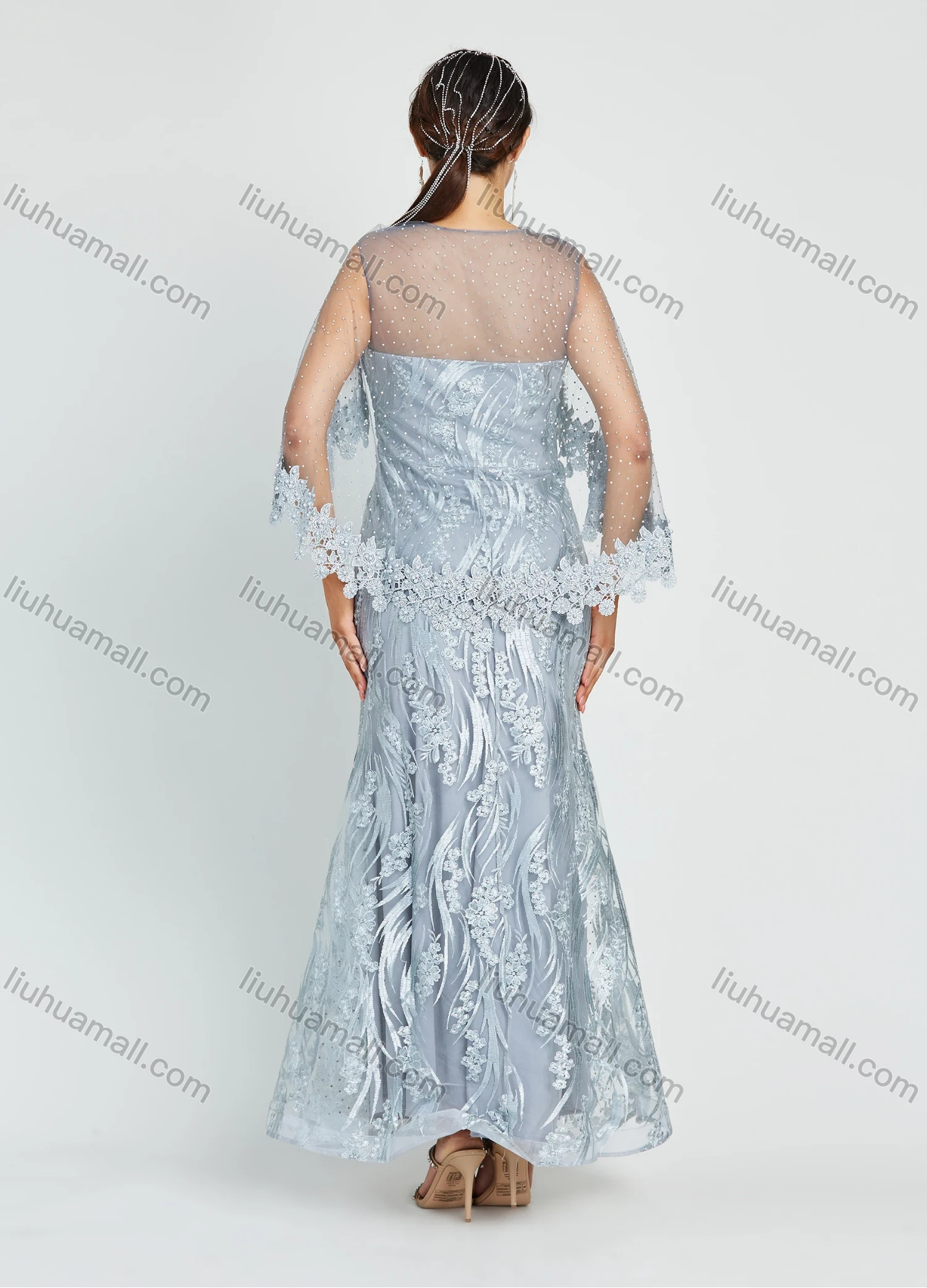 Wholesale Women's Glamorous Batwing Sleeve Mesh Embroidery Pearl Lace Appliques Maxi Mermaid Evening Dress - Liuhuamall